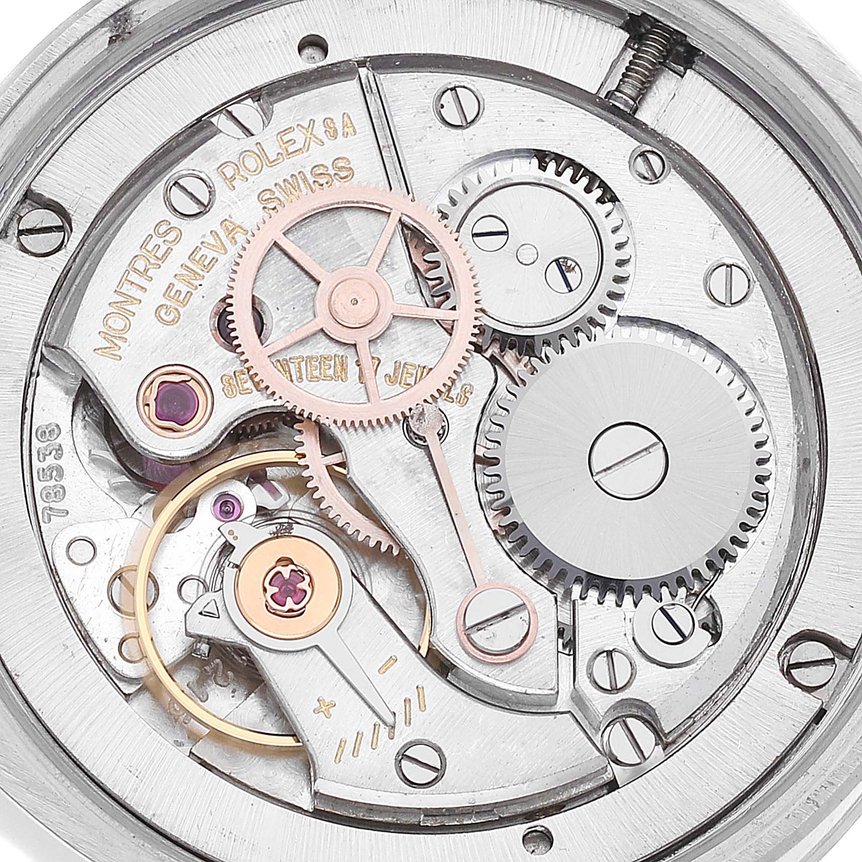 The image shows the internal mechanism of the Vintage Collection model by Rolex, specifically focusing on its gears and movement components.