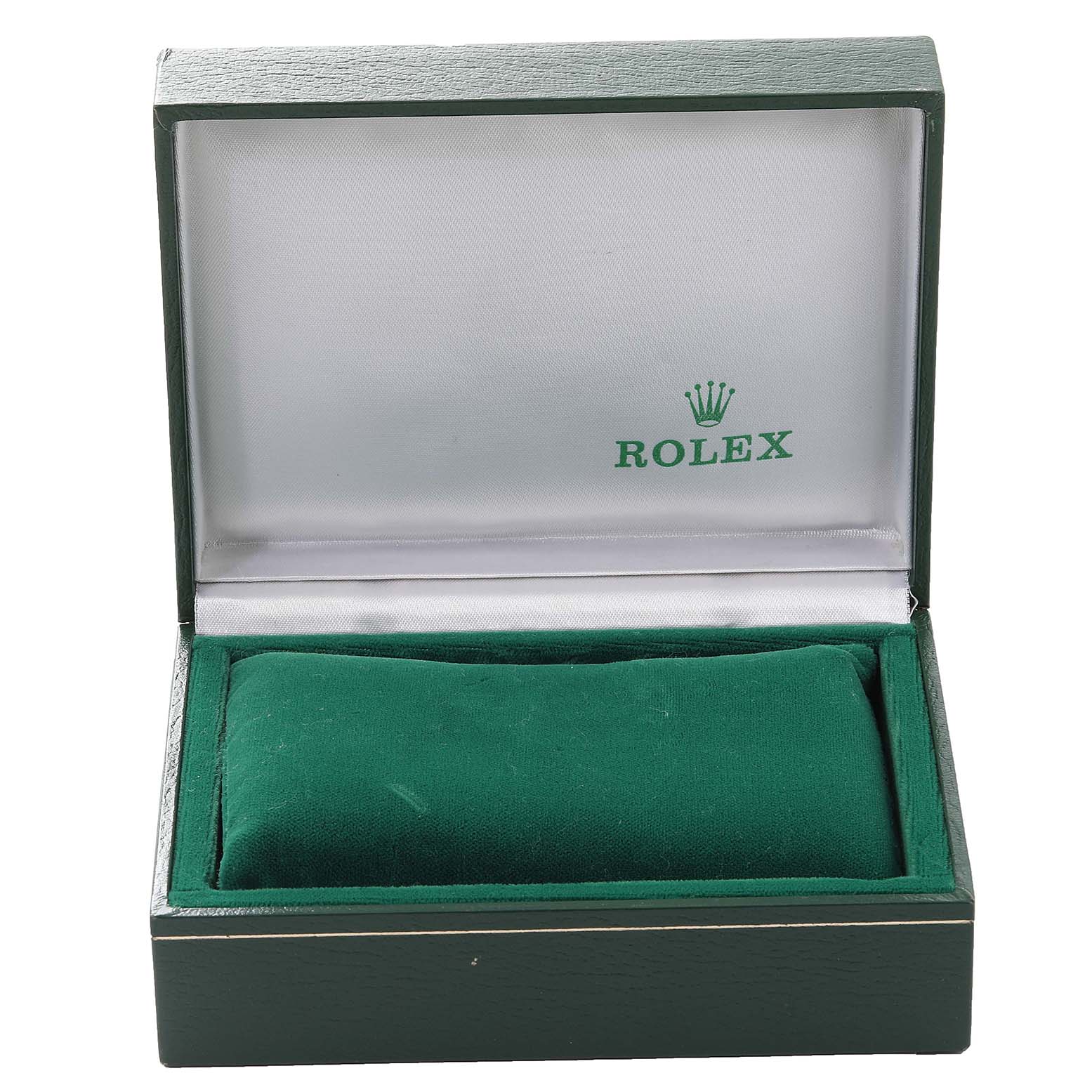 The image shows an open green watch box for the Rolex Vintage Collection 6694 Men's Stainless Steel Black Dial 6694 Men's Stainless Steel Black Dial model.