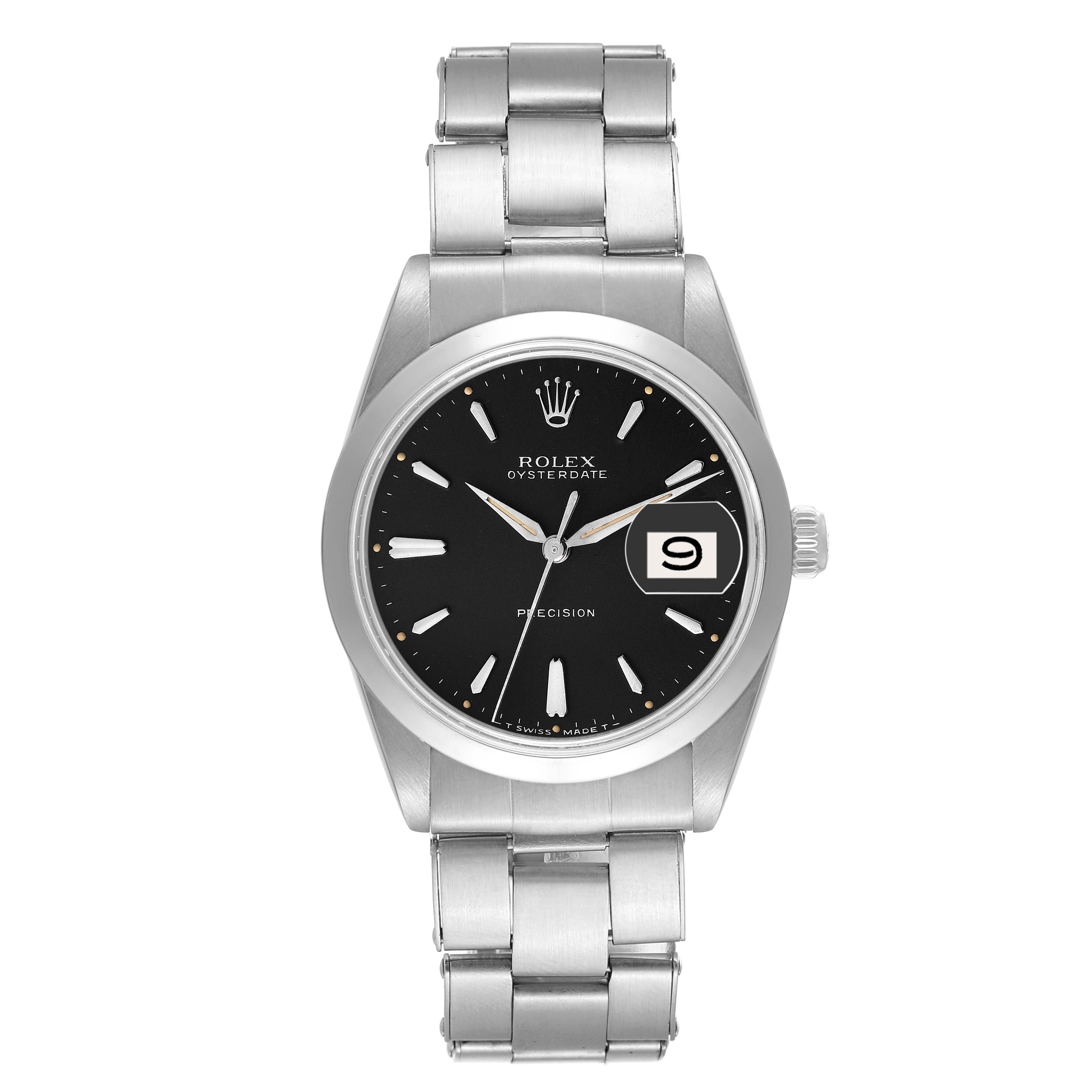 The image shows a front view of a Rolex Vintage Collection 6694 Men's Stainless Steel Black Dial 6694 Men's Stainless Steel Black Dial Oysterdate watch with a black dial and metal bracelet.