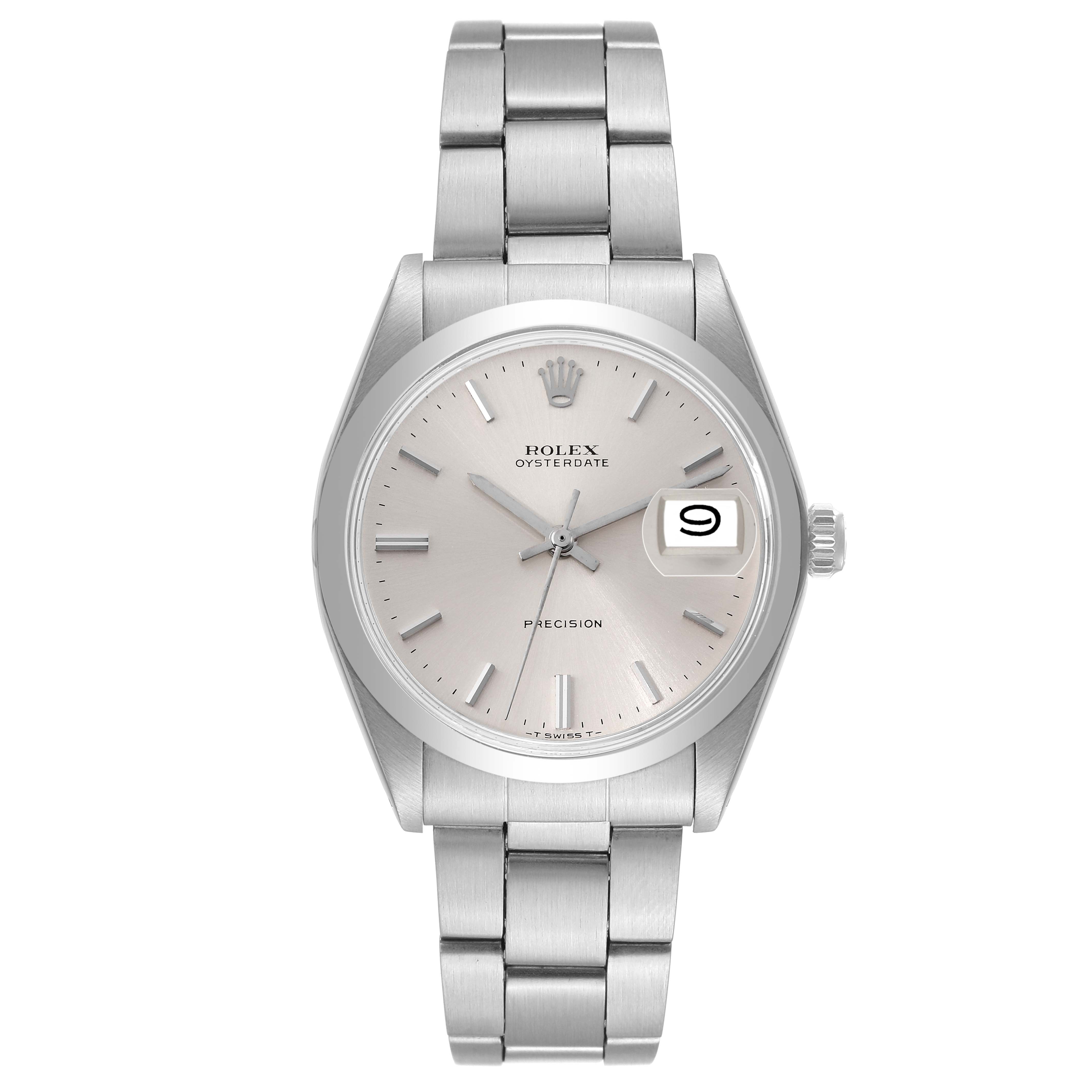 This image shows a front view of the Rolex Vintage Collection 6694 Men
s Stainless Steel Silver Dial 6694 Men
s Stainless Steel Silver Dial Oysterdate Precision watch, displaying the dial, hands, date, and bracelet.