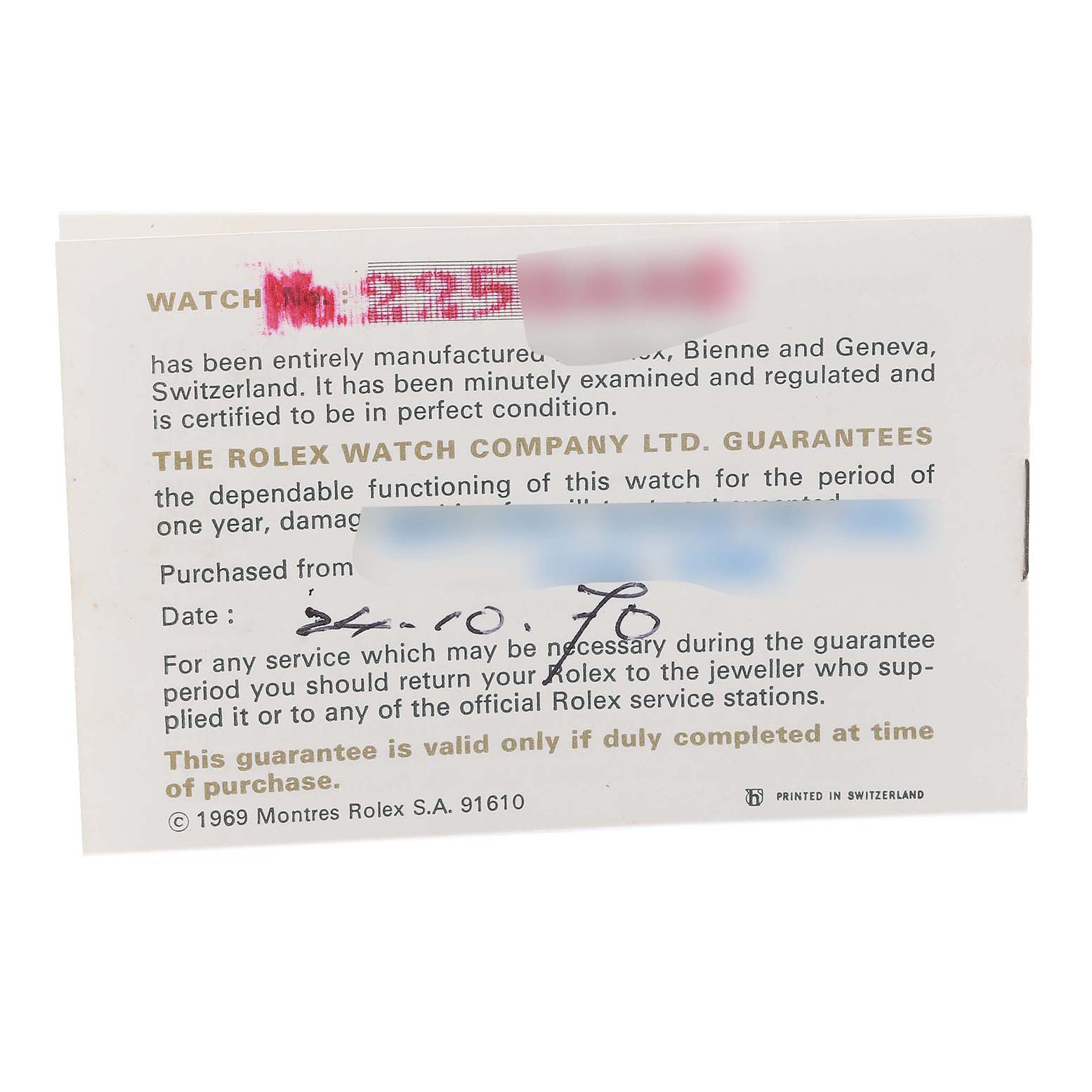 This image shows a guarantee card for the Rolex Vintage Collection 6694 Men
s Stainless Steel Silver Dial 6694 Men
s Stainless Steel Silver Dial model, viewed from the front.