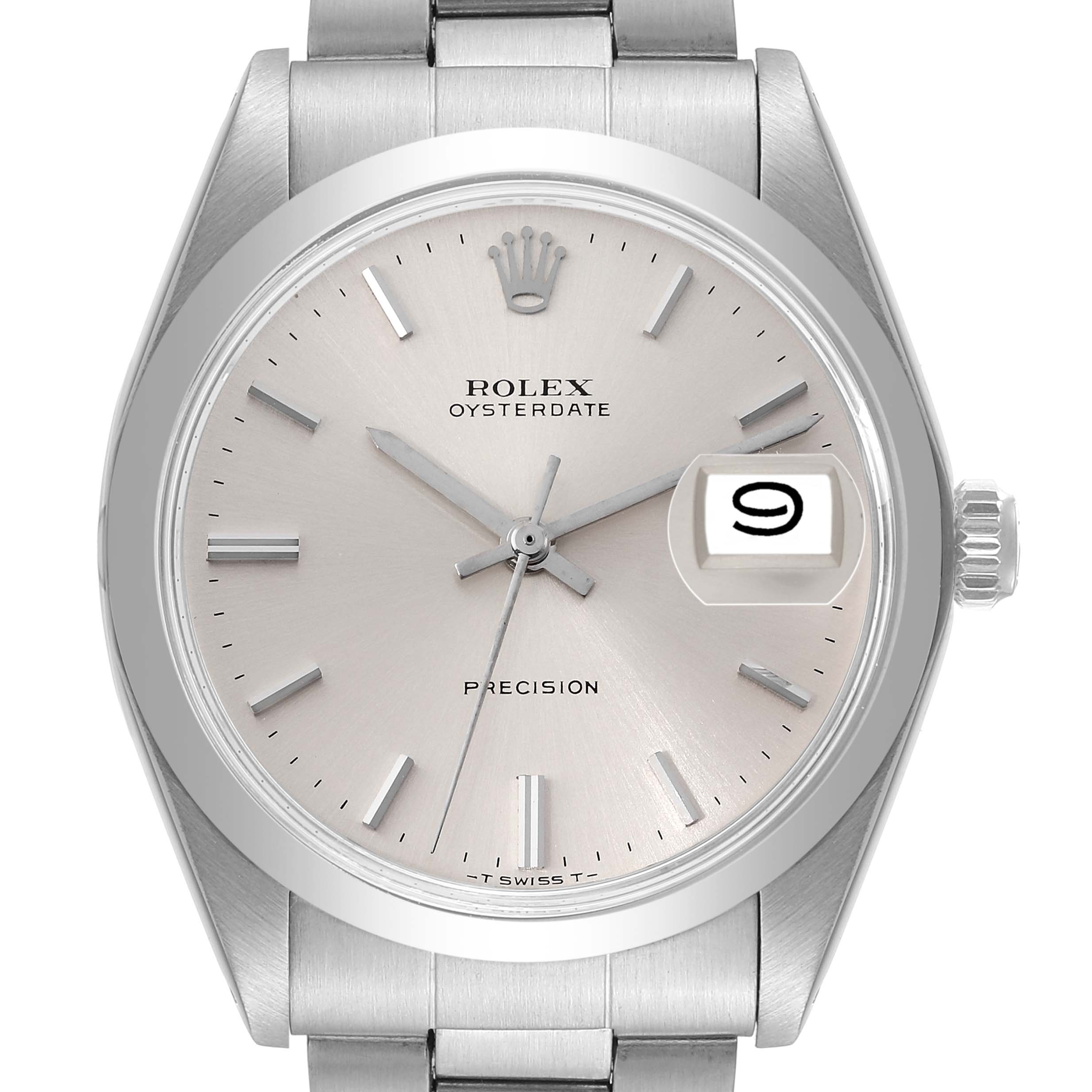The image shows a frontal view of the Rolex Vintage Collection 6694 Men
s Stainless Steel Silver Dial 6694 Men
s Stainless Steel Silver Dial watch, highlighting its dial, crown, and bracelet.