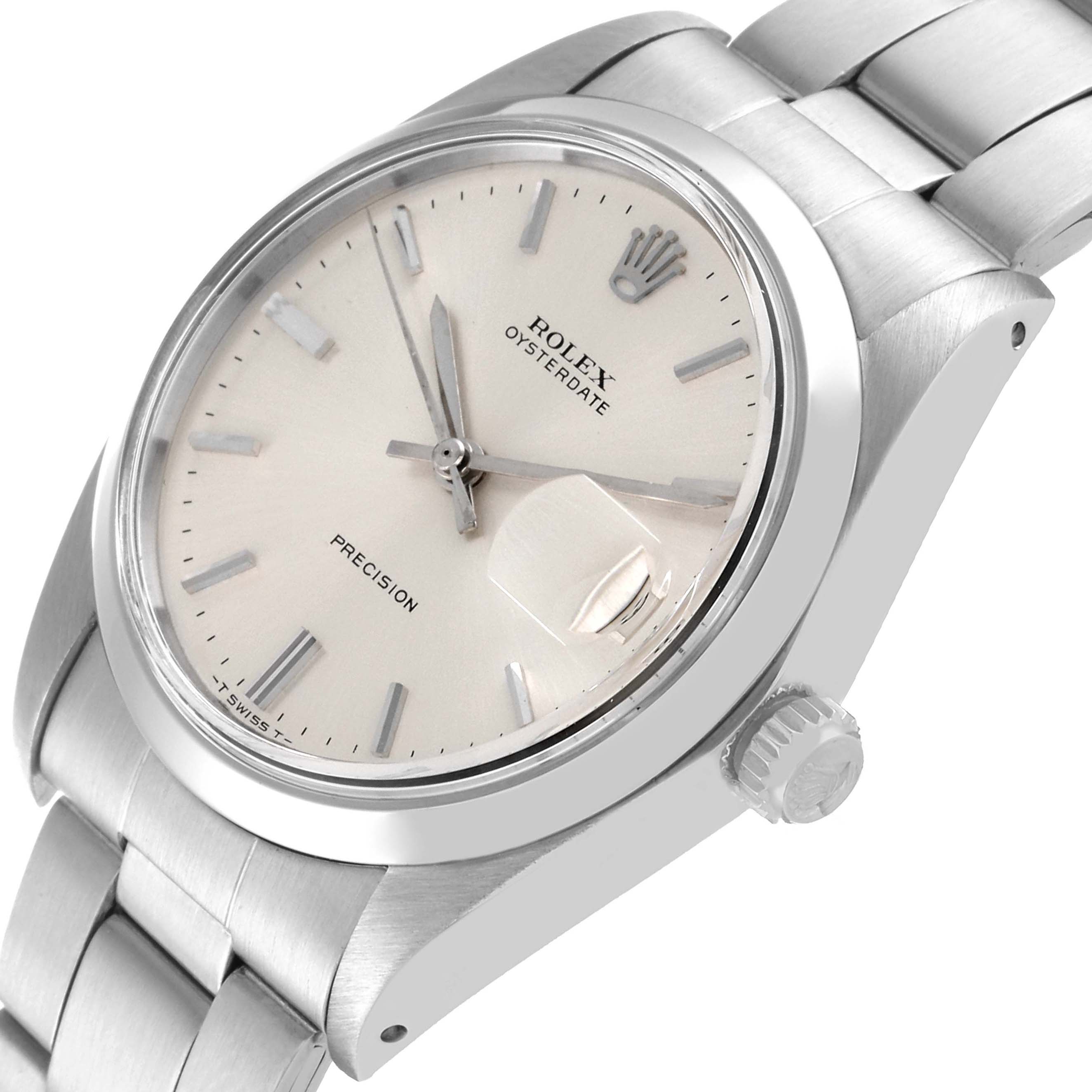 This image shows the Rolex Vintage Collection 6694 Men
s Stainless Steel Silver Dial 6694 Men
s Stainless Steel Silver Dial watch from a side angle, highlighting the crown, dial, and bracelet.