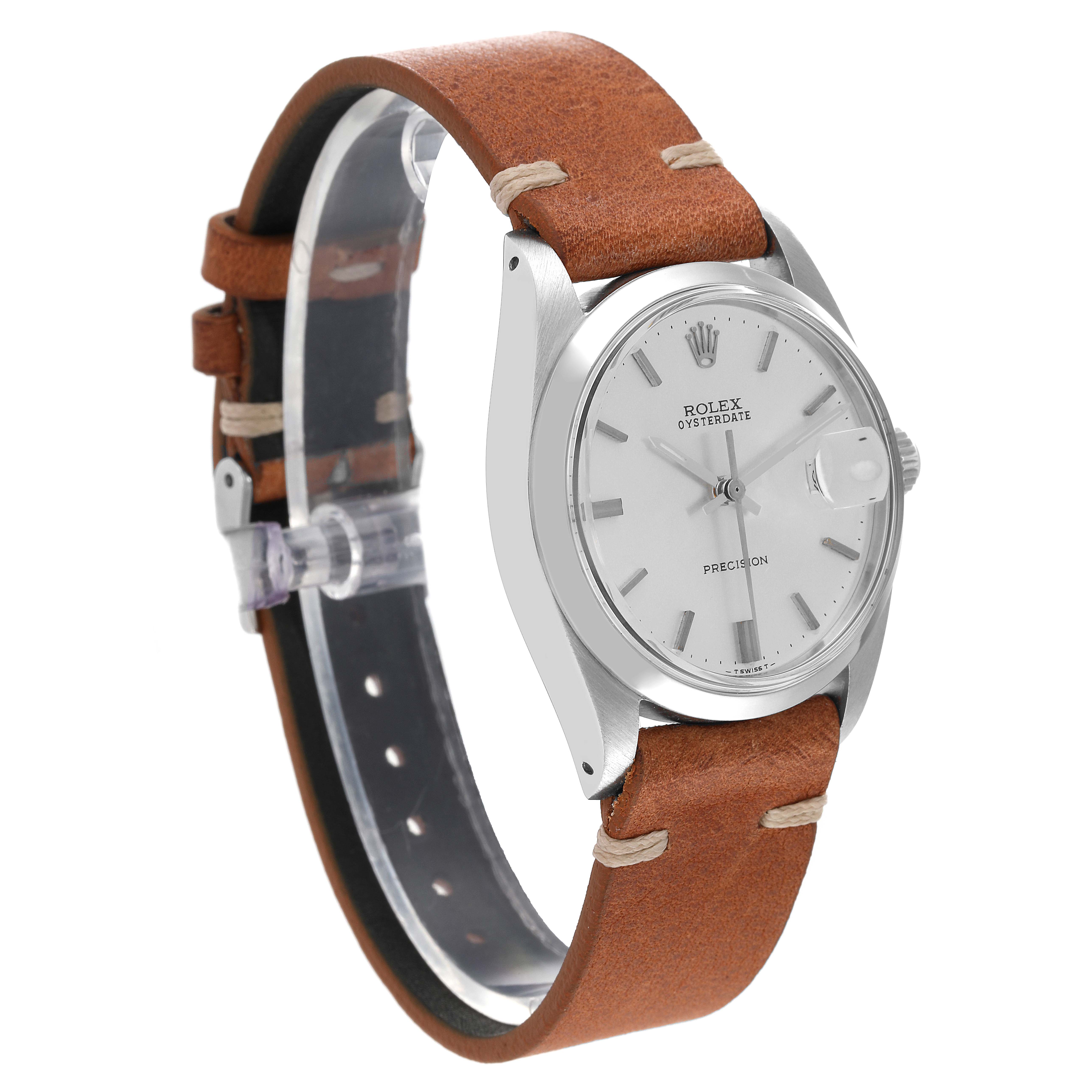 The Rolex Vintage Collection 6694 Men's Stainless Steel Silver Dial 6694 Men's Stainless Steel Silver Dial watch is shown from a three-quarter angle, highlighting the face, bezel, case, and leather strap.