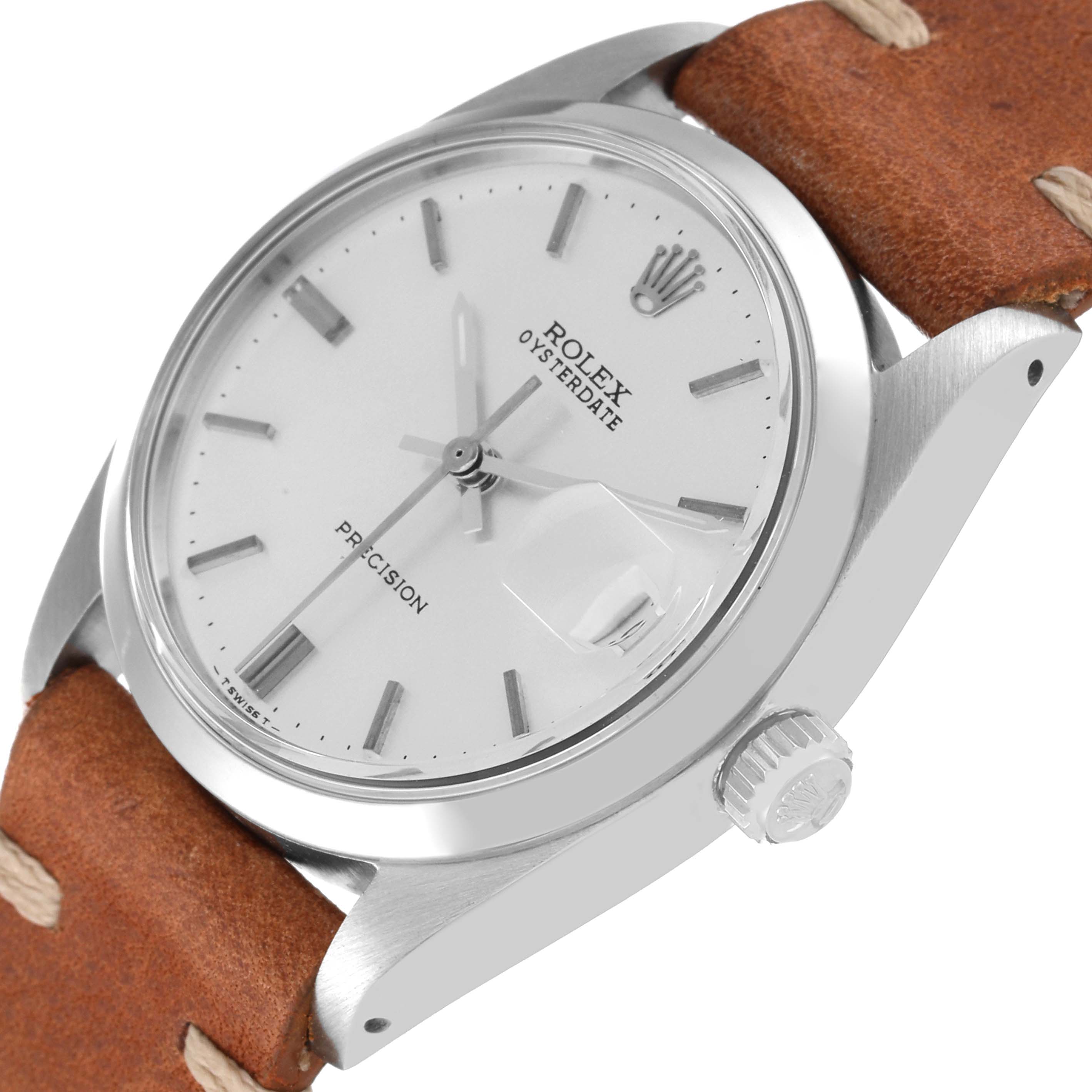 The image shows a side and front angle of the Rolex Vintage Collection 6694 Men's Stainless Steel Silver Dial 6694 Men's Stainless Steel Silver Dial watch, emphasizing the white dial, crown, and brown leather strap.