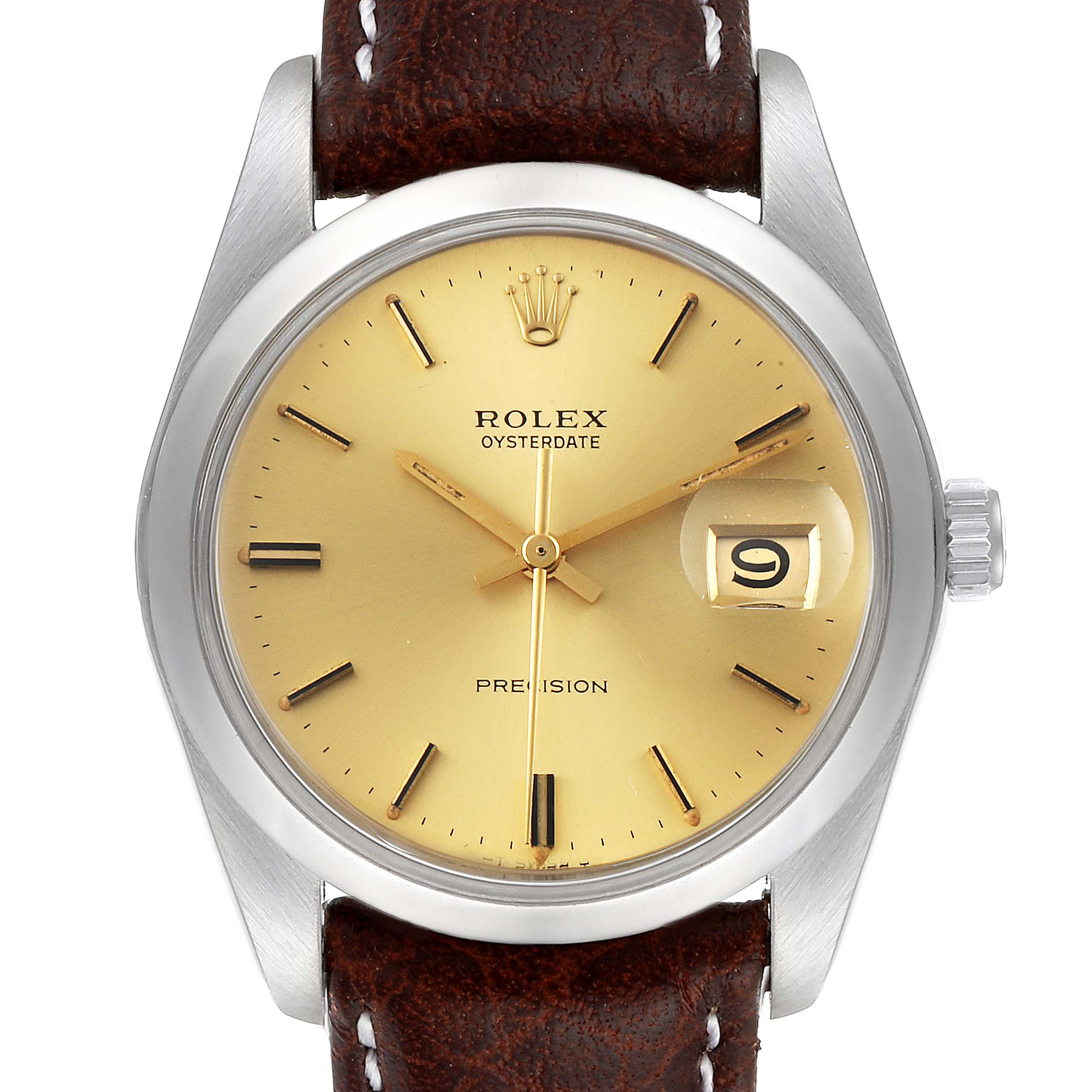 This image shows a front view of a Vintage Collection Rolex Oysterdate Precision watch, displaying the dial, crown, and leather strap.