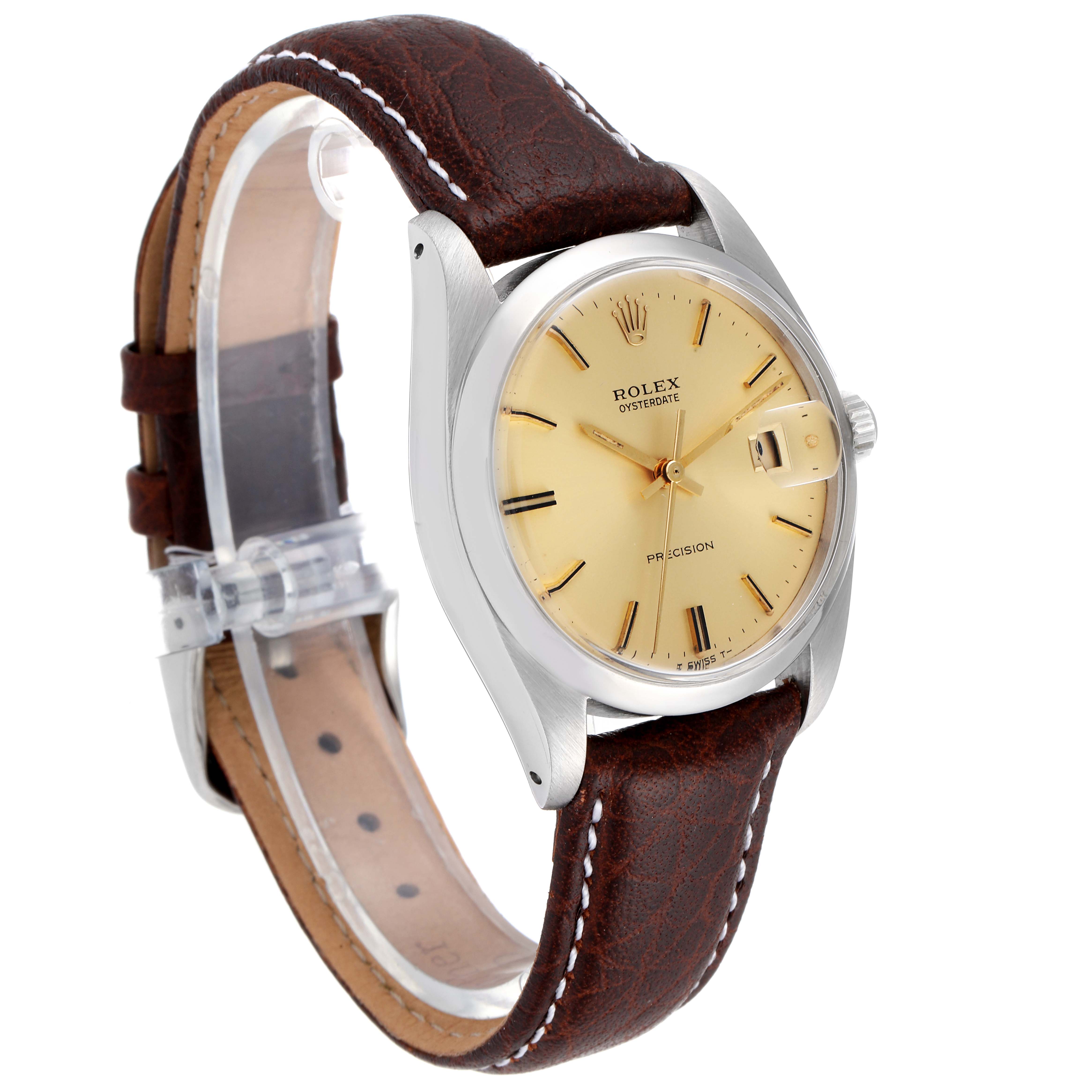 The Vintage Collection model by Rolex is shown at a three-quarter angle, displaying its face, bezel, case, and leather strap.