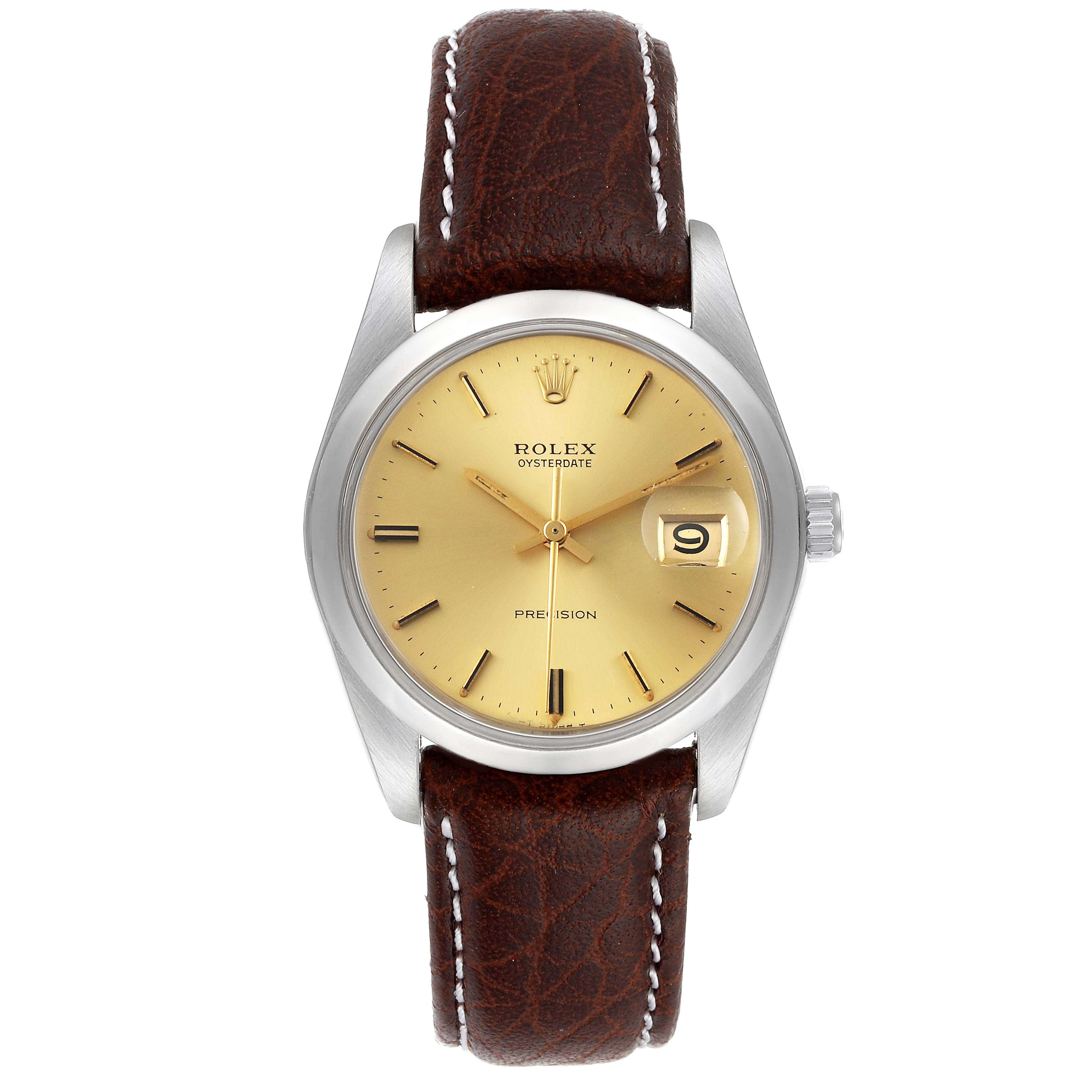 The image shows a front view of the Rolex Vintage Collection 6694 Men's Stainless Steel Champagne Dial 6694 Men's Stainless Steel Champagne Dial Oysterdate watch with a brown leather strap and a gold dial.