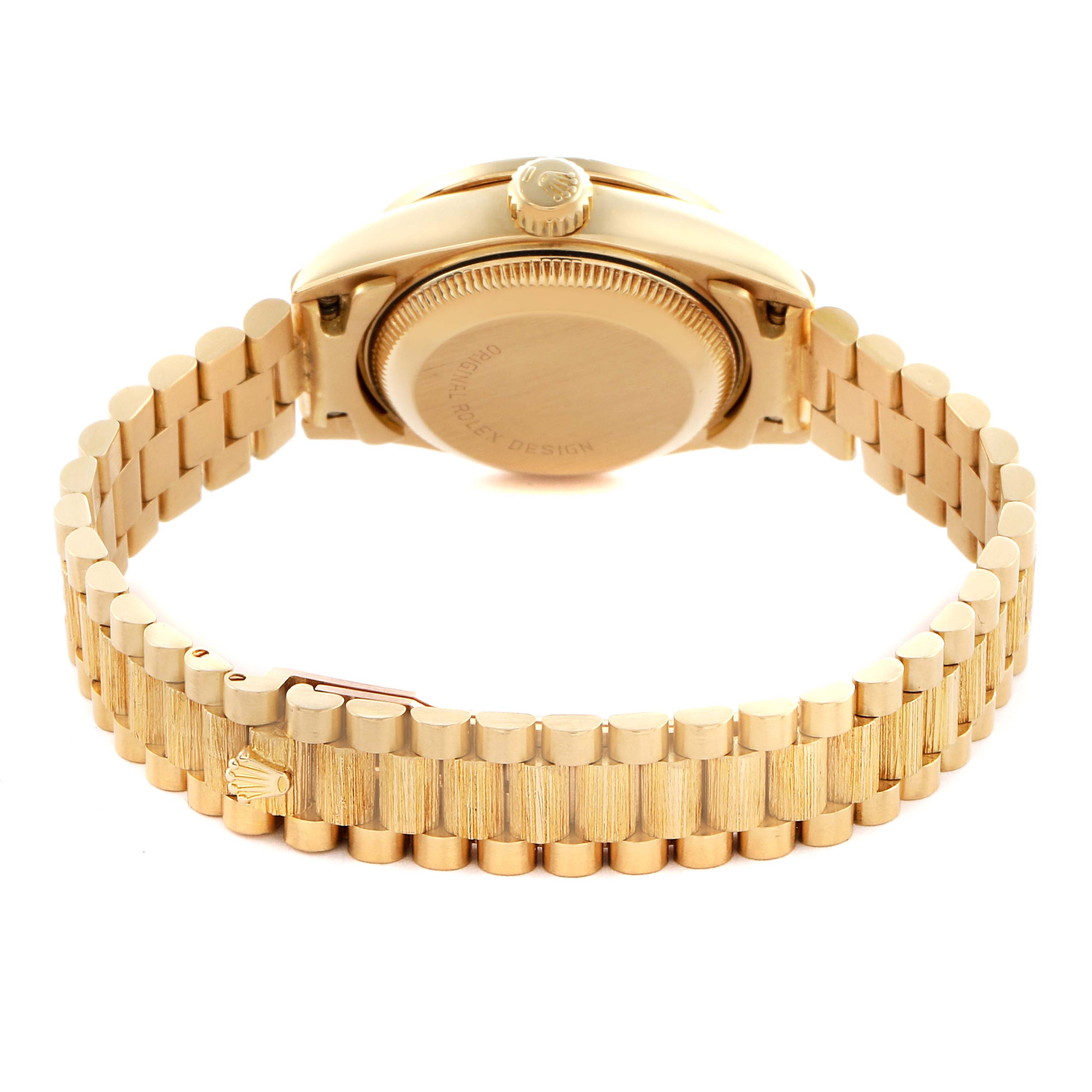 The image shows the back view of a Rolex President 69288 Women's Yellow Gold Black Dial 69288 Women's Yellow Gold Black Dial model, highlighting the case back, crown, and full bracelet.