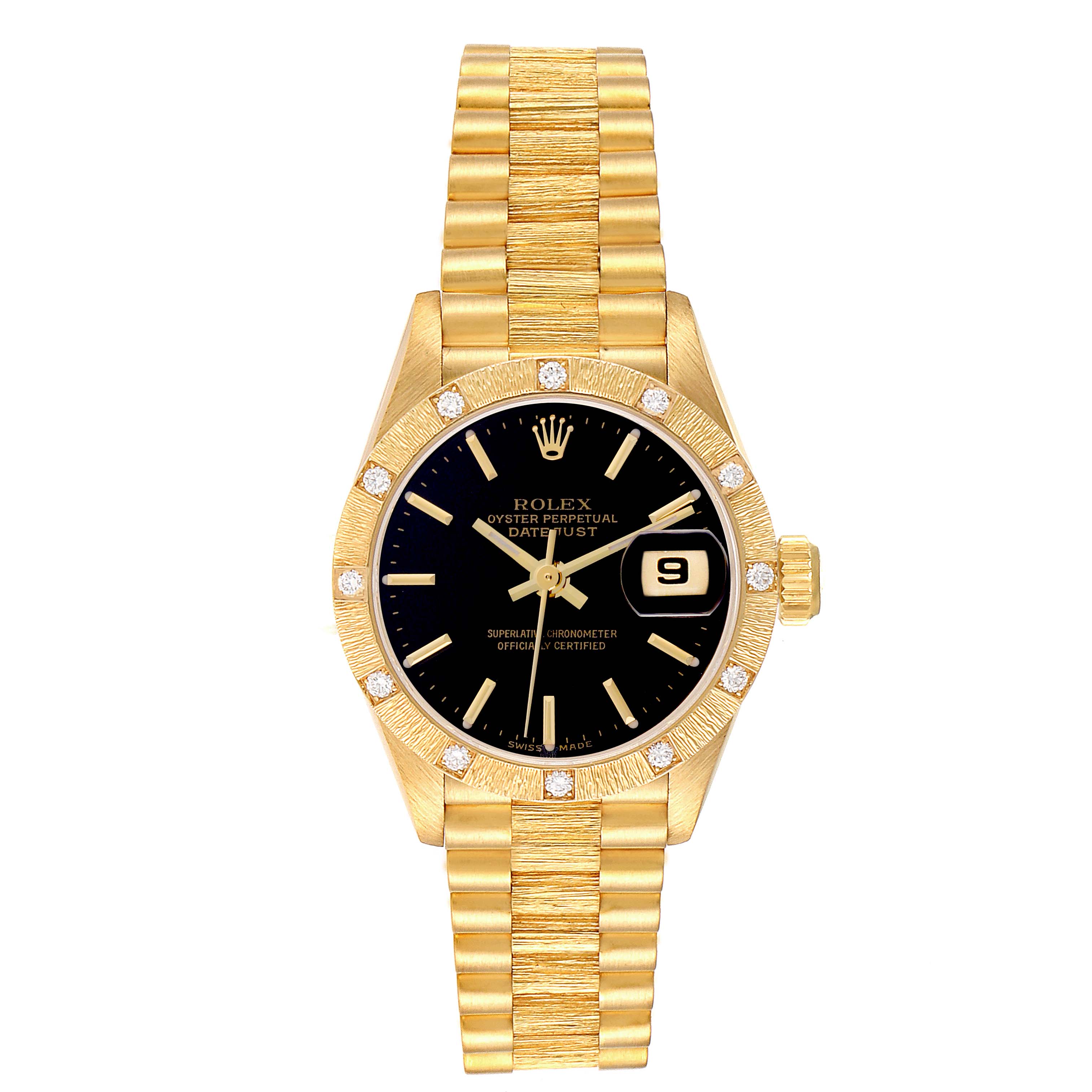 The Rolex President 69288 Women's Yellow Gold Black Dial 69288 Women's Yellow Gold Black Dial model watch is shown front-facing, displaying the dial, bezel, and bracelet.