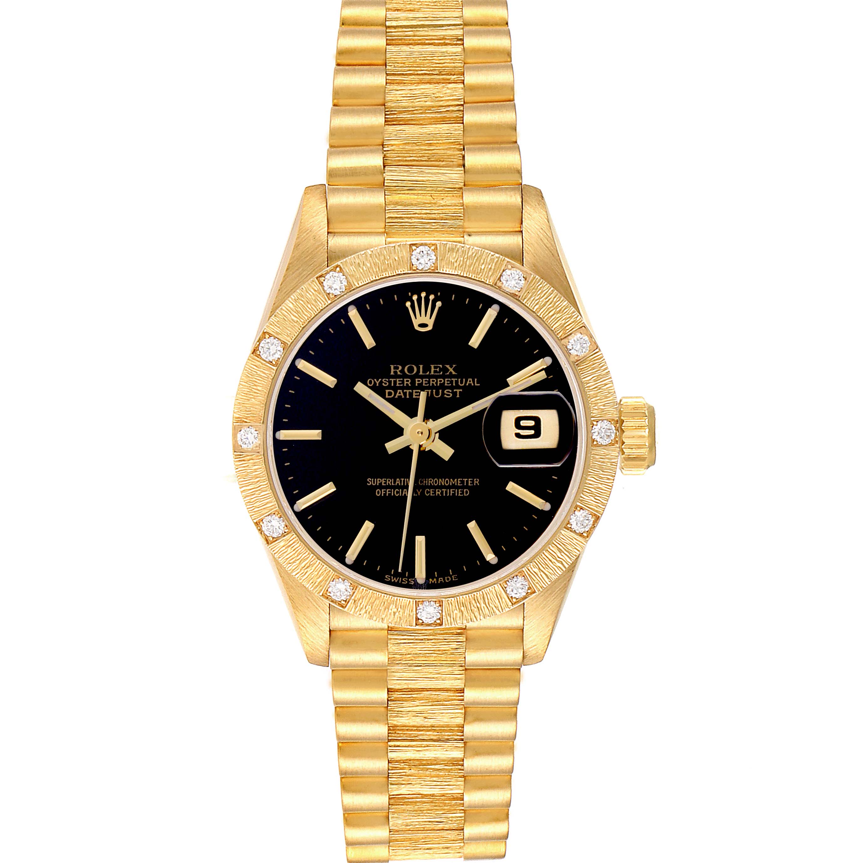 The Rolex President 69288 Women's Yellow Gold Black Dial 69288 Women's Yellow Gold Black Dial model is shown from a top-down angle, displaying the face, bezel, and bracelet clearly.
