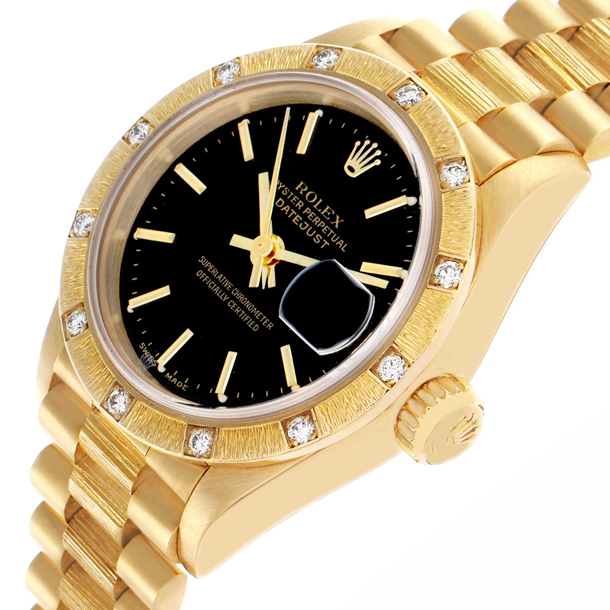The Rolex President 69288 Women's Yellow Gold Black Dial 69288 Women's Yellow Gold Black Dial watch is shown at a slight angle, displaying the face, bezel, crown, and part of the bracelet.