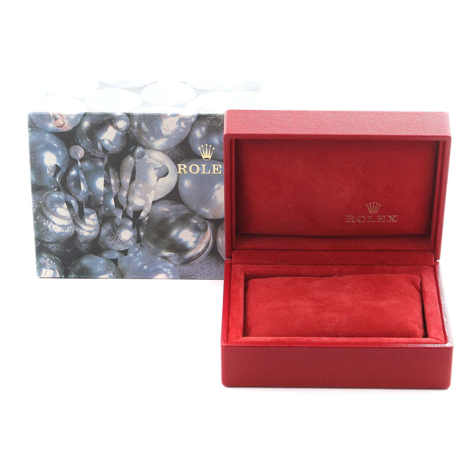 The image shows a red Rolex President 69288 Women's Yellow Gold Black Dial 69288 Women's Yellow Gold Black Dial watch box, open and viewed from the front, with the outer box in the background.