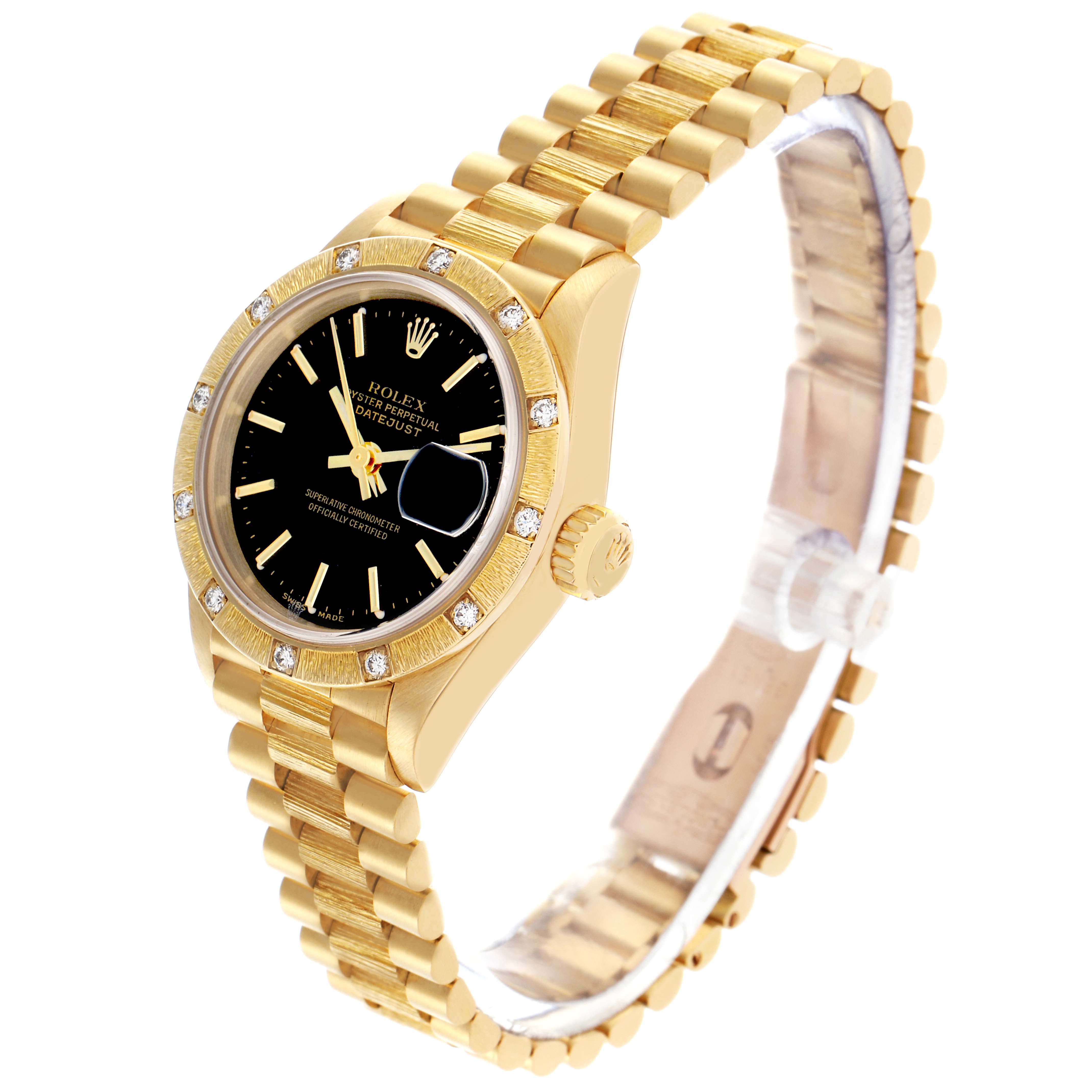 The Rolex President 69288 Women's Yellow Gold Black Dial 69288 Women's Yellow Gold Black Dial model watch is shown at an angled side view, highlighting the bracelet, case, bezel, and dial.