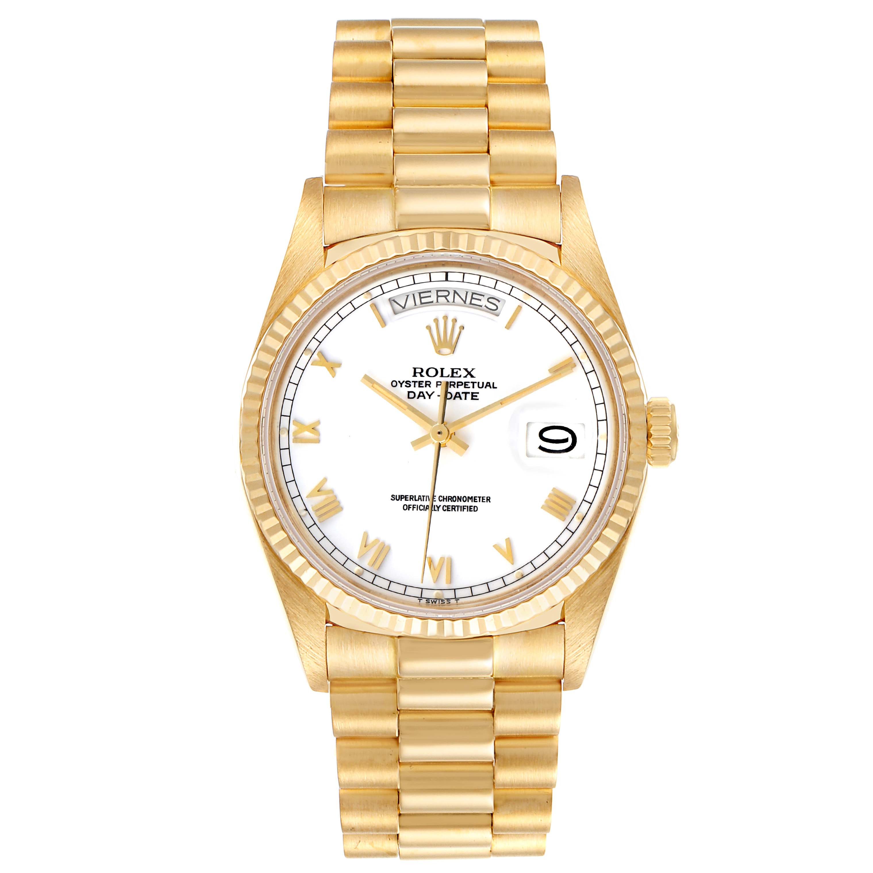 The Rolex President 18038 Men's Yellow Gold White Dial 18038 Men's Yellow Gold White Dial model watch shown is viewed from the front, displaying the dial, bezel, and bracelet.