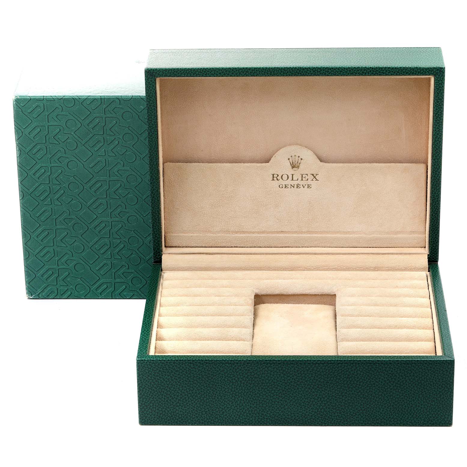 The image shows an open green Rolex watch box with beige interior, designed for the President model by Rolex.