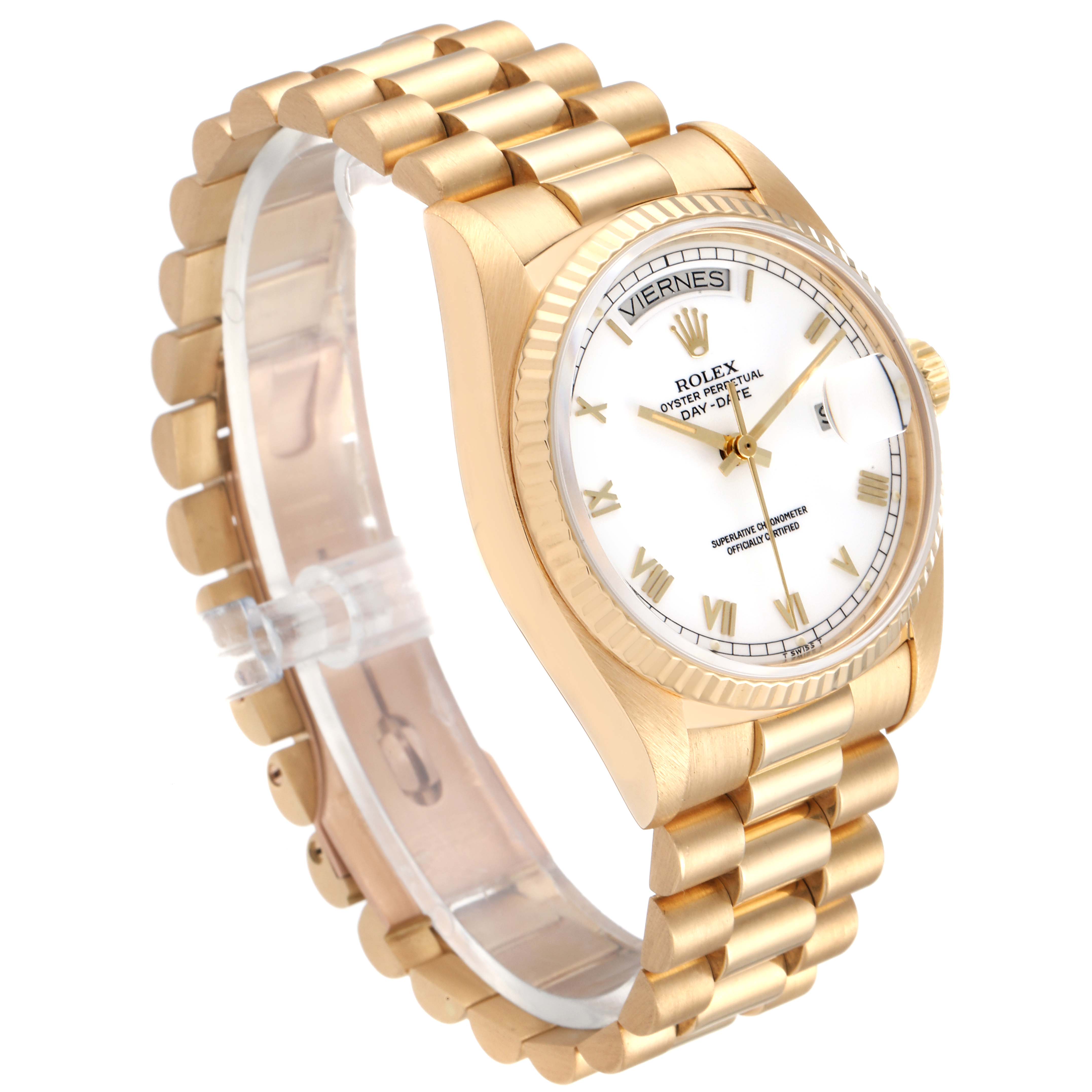 The image shows a Rolex President 18038 Men's Yellow Gold White Dial 18038 Men's Yellow Gold White Dial model watch at an angled side view, displaying the bracelet, case, and dial with Roman numerals.