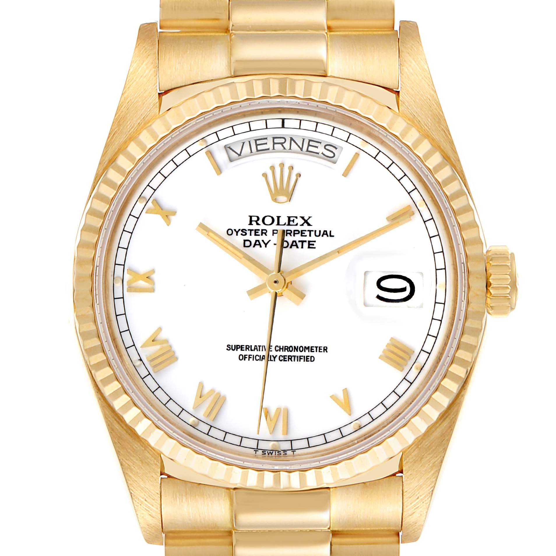 The image shows a front view of the Rolex President 18038 Men's Yellow Gold White Dial 18038 Men's Yellow Gold White Dial model, highlighting its gold case, white dial, and bracelet.