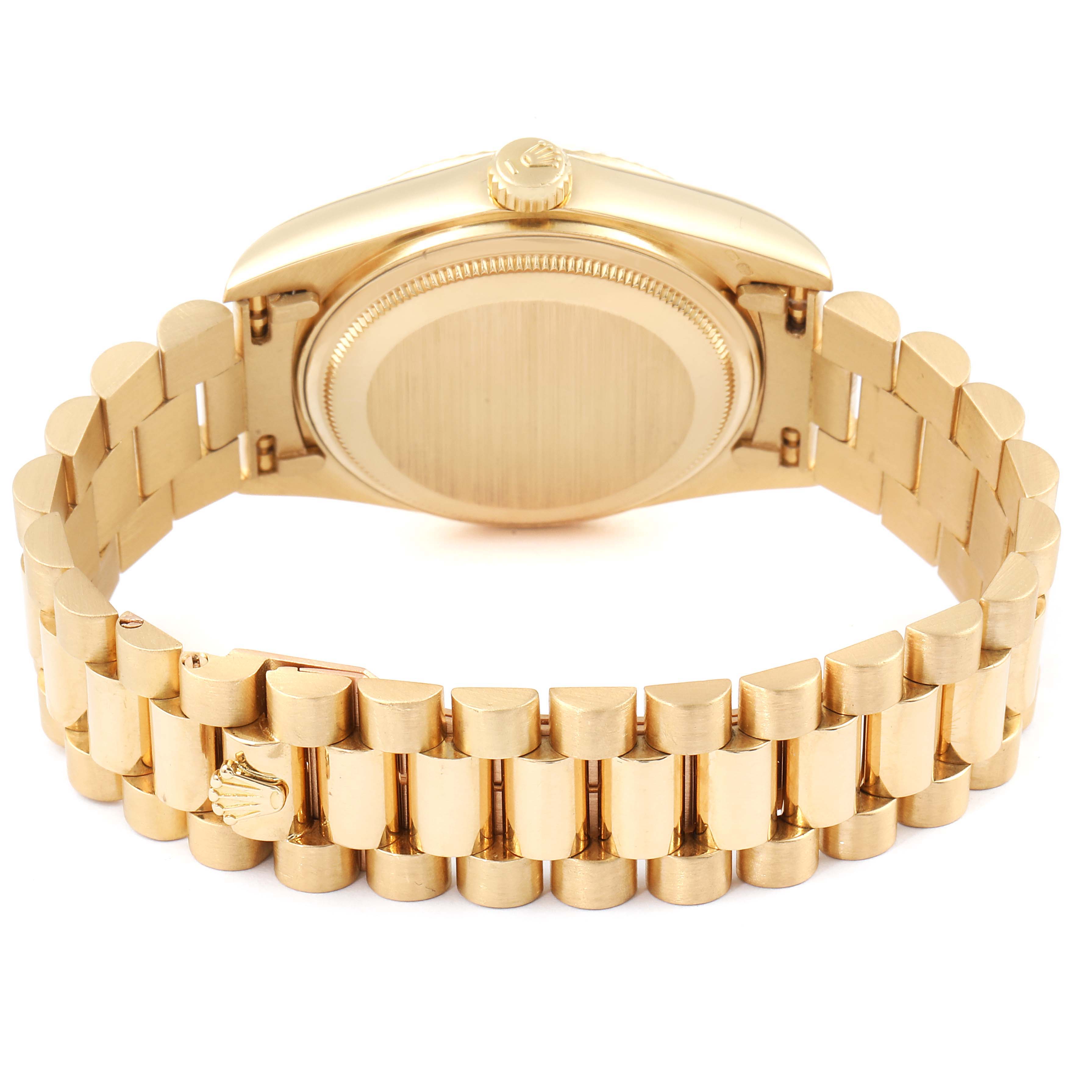 The image shows the back view of a Rolex President 18038 Men's Yellow Gold White Dial 18038 Men's Yellow Gold White Dial model watch, highlighting the case back and bracelet.