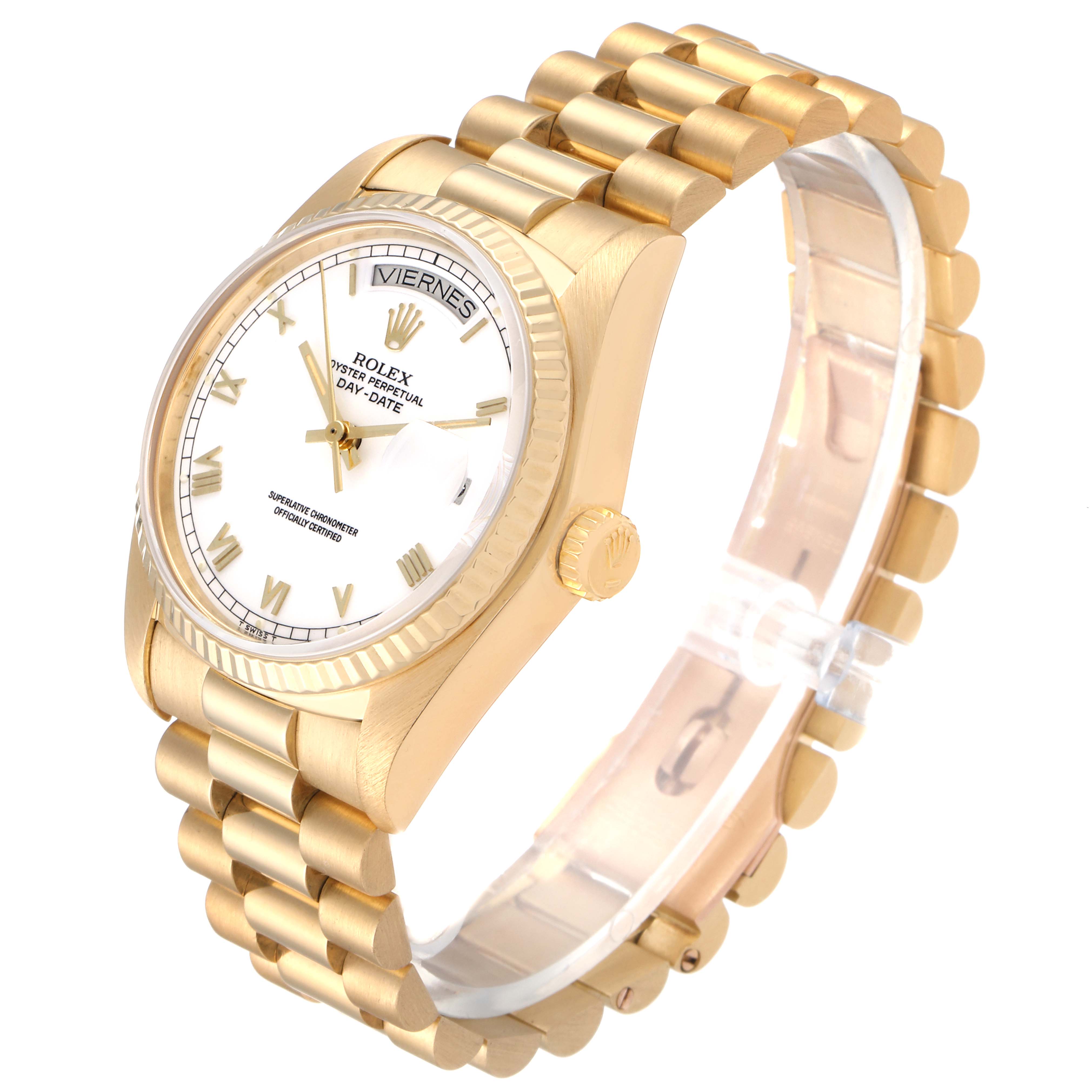 The Rolex President 18038 Men's Yellow Gold White Dial 18038 Men's Yellow Gold White Dial model watch is shown at an angle highlighting its gold bracelet, crown, and white dial with day and date features.