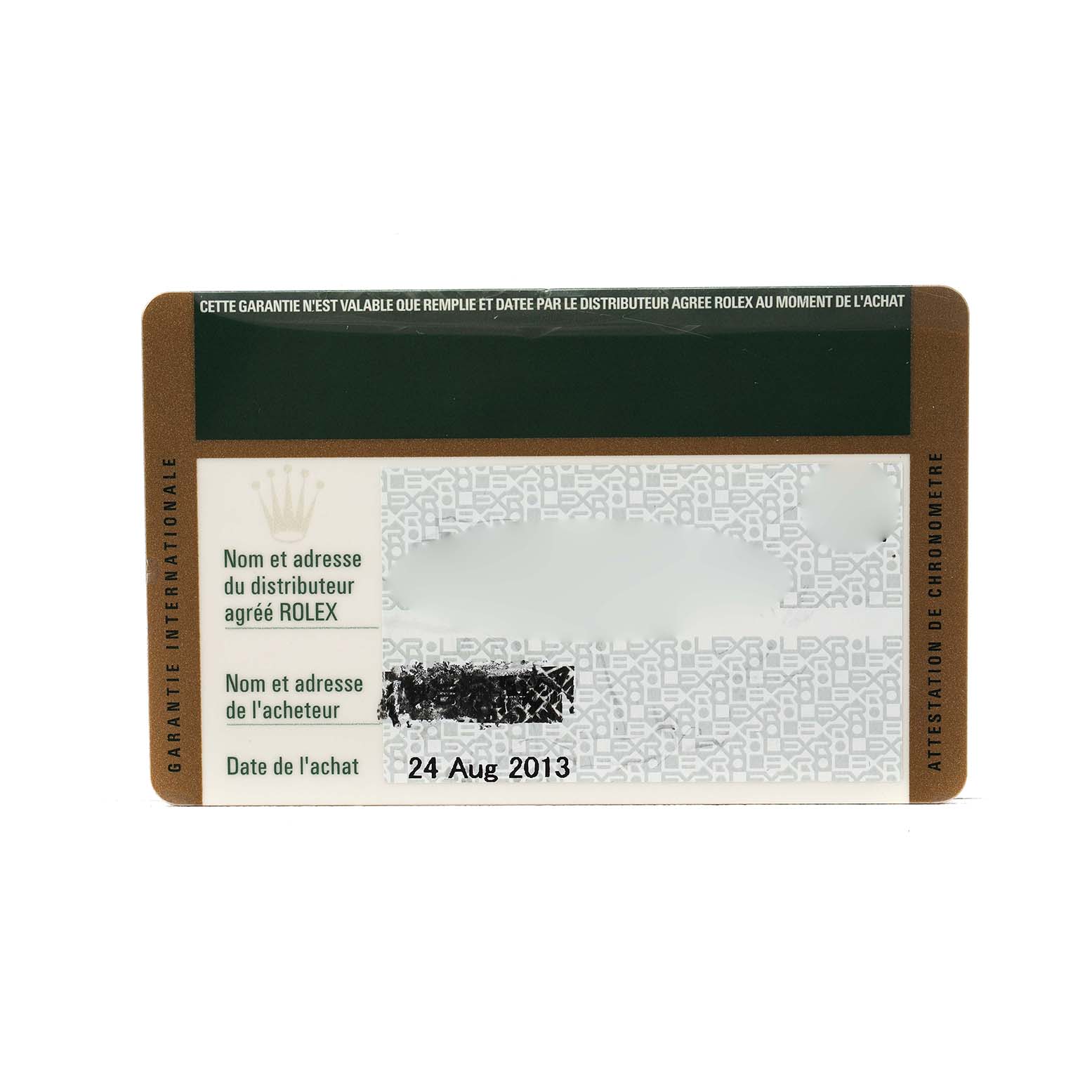 The image shows a warranty card for the Rolex Sea-Dweller 116660 Men's Stainless Steel Black Dial model, displaying purchase and dealer information.