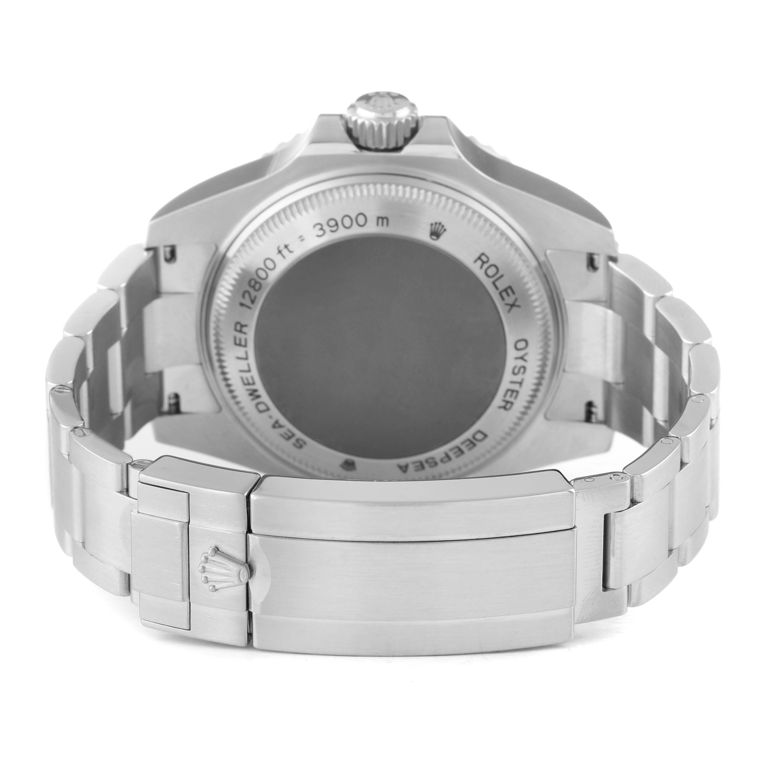 The image shows the back view of a Rolex Sea-Dweller 116660 Men's Stainless Steel Black Dial watch, highlighting the caseback and bracelet clasp.