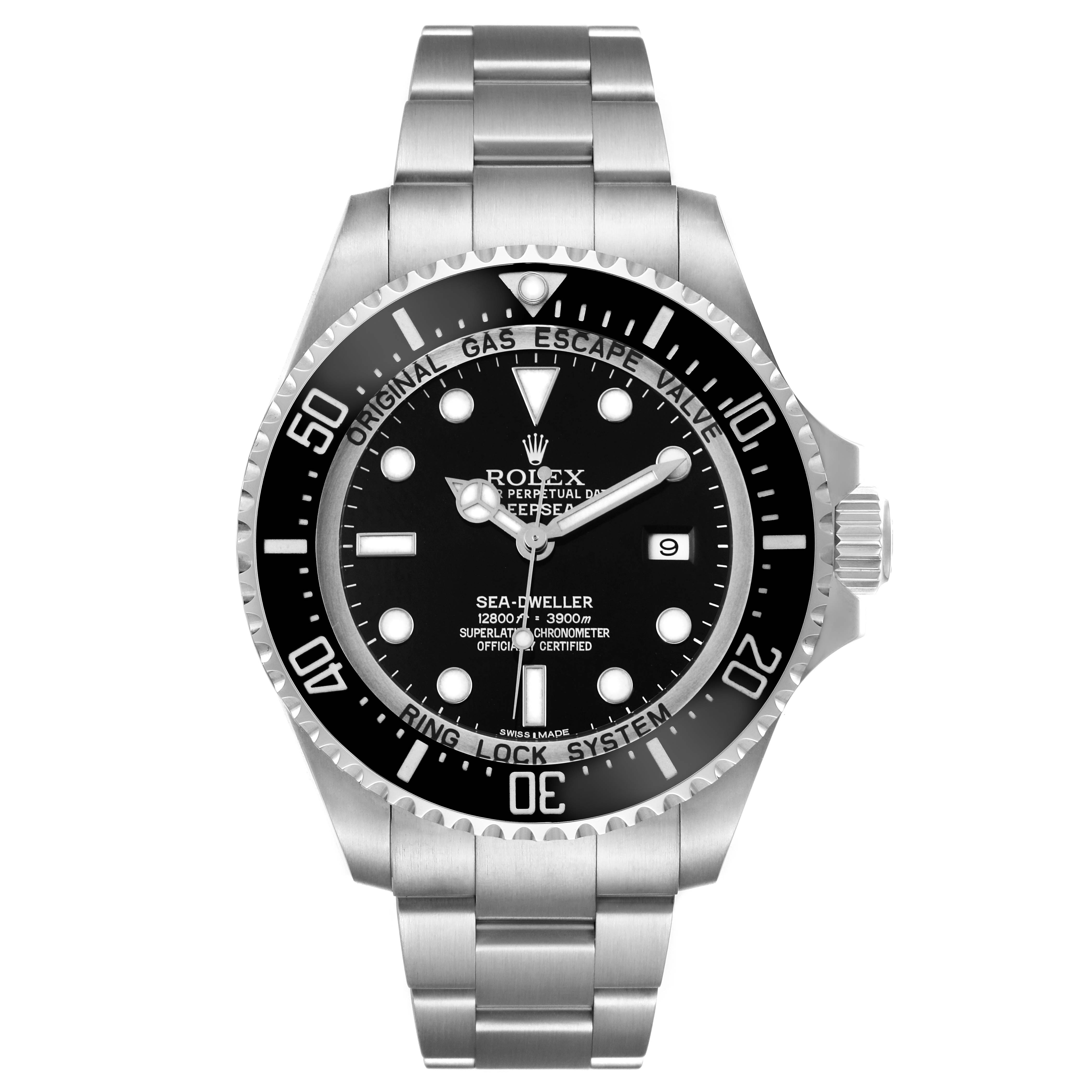 The Rolex Sea-Dweller 116660 Men's Stainless Steel Black Dial watch is shown from the front, displaying its dial, bezel, case, and bracelet.