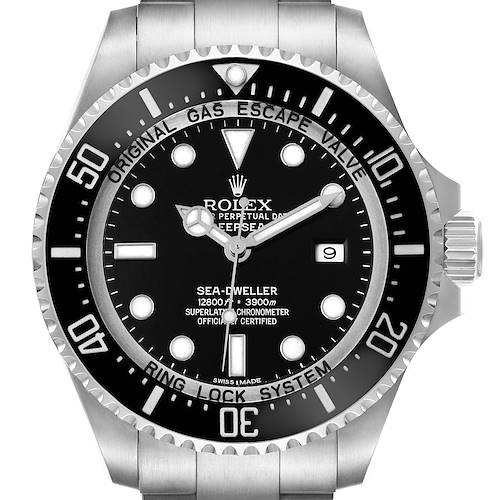 The Rolex Sea-Dweller 116660 Men's Stainless Steel Black Dial watch is shown from a front angle, highlighting the bezel, dial, crown, and part of the bracelet.