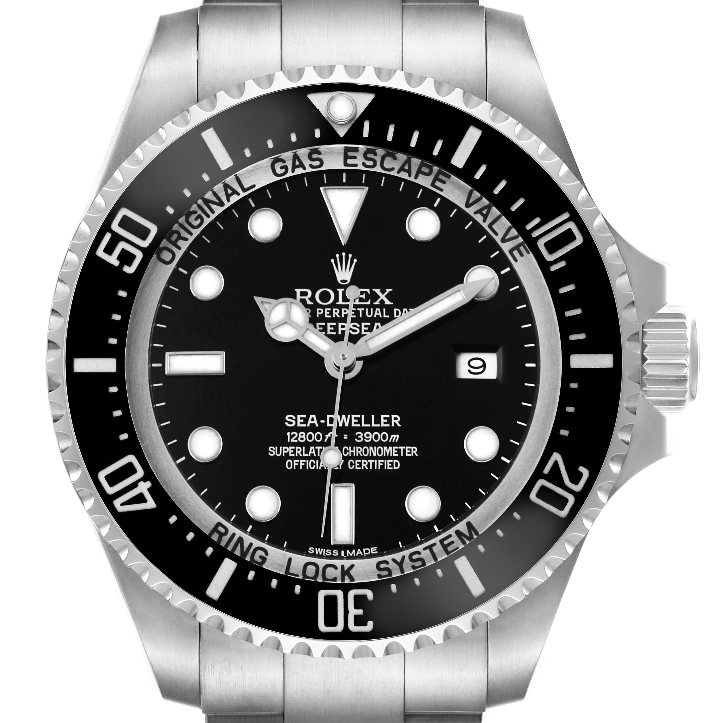 The Rolex Sea-Dweller 116660 Men's Stainless Steel Black Dial watch is shown from a front angle, displaying the dial, bezel, and part of the bracelet.