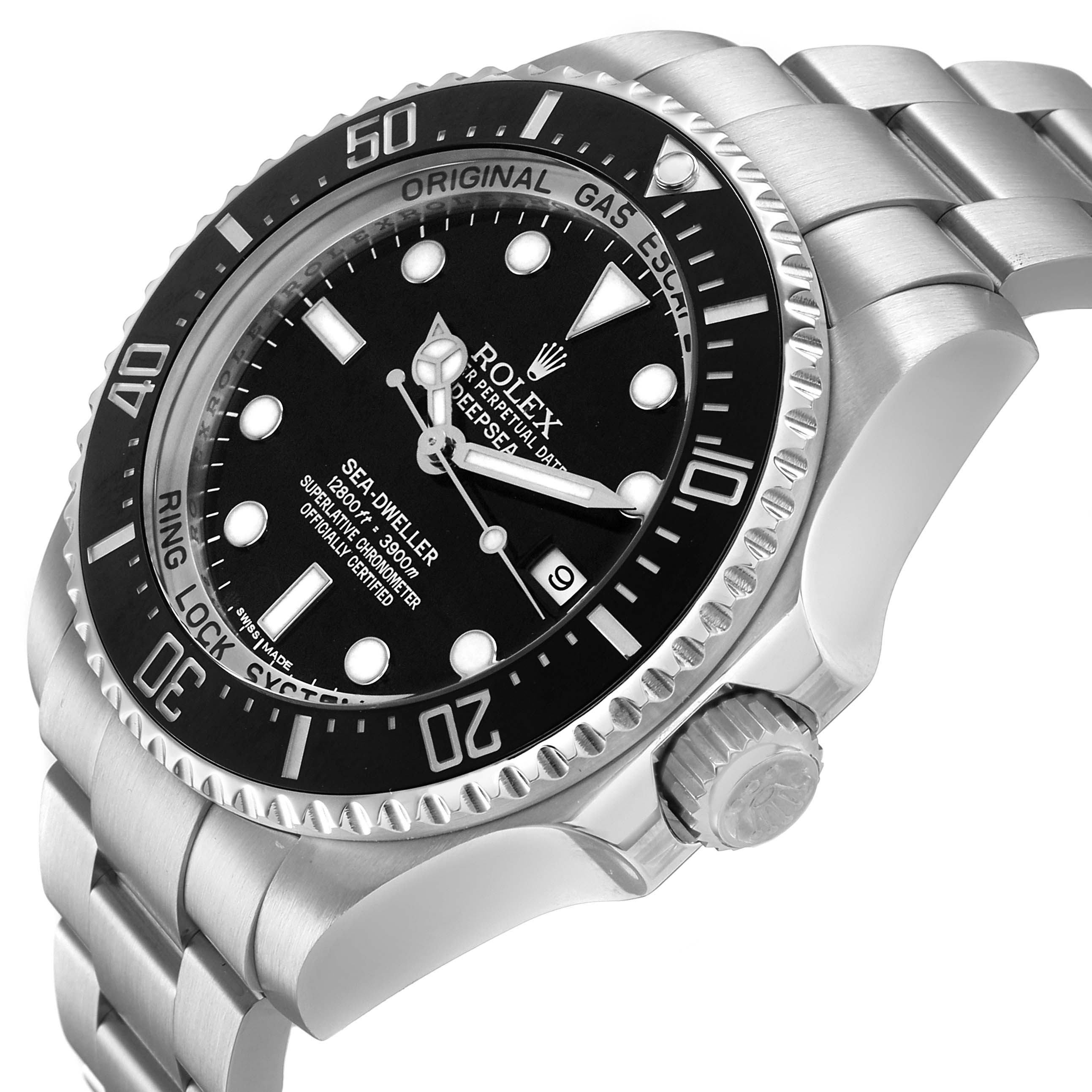 The Rolex Sea-Dweller 116660 Men's Stainless Steel Black Dial watch is shown at a three-quarter angle, highlighting the bezel, dial, and part of the bracelet.