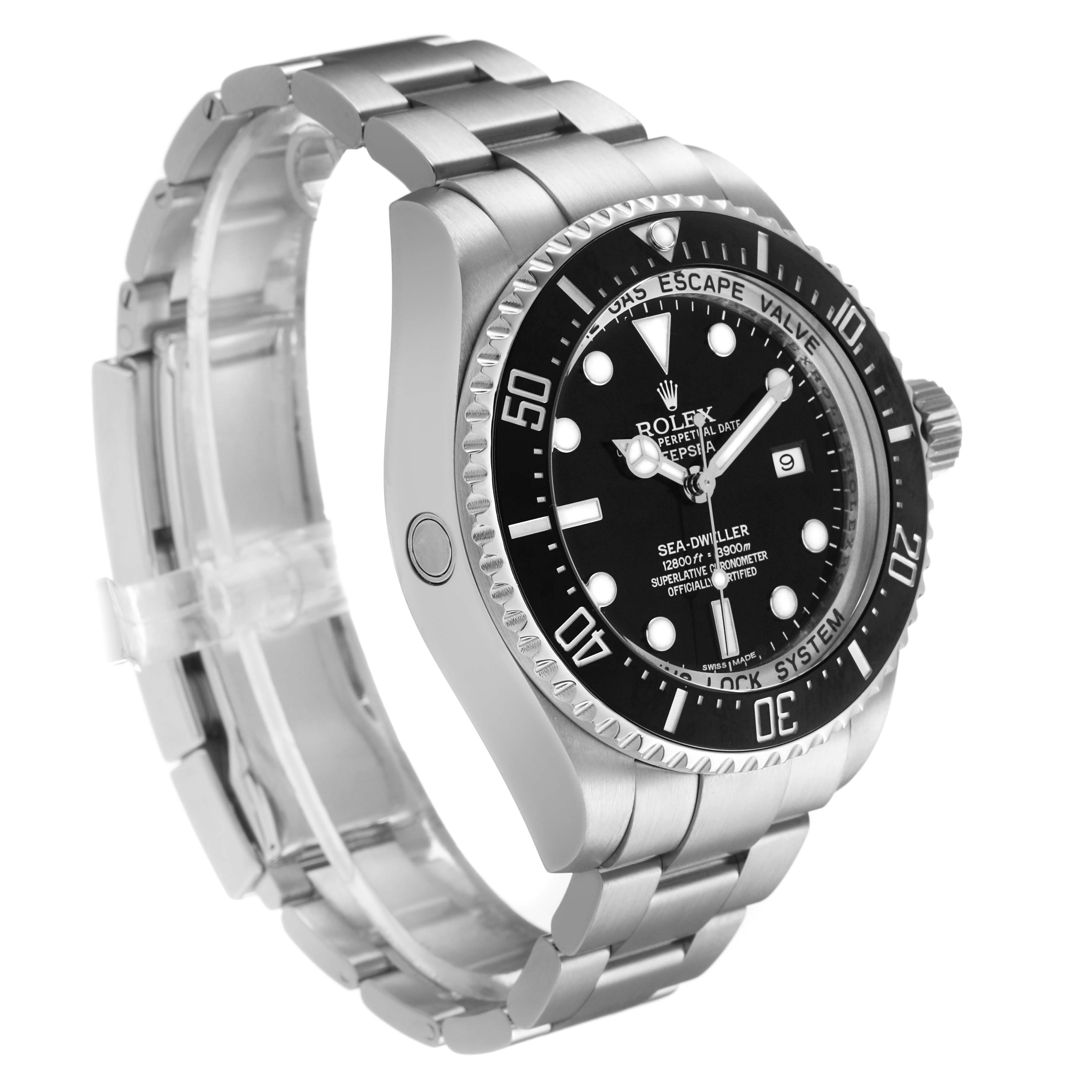 The Rolex Sea-Dweller 116660 Men's Stainless Steel Black Dial watch is shown from an angled side view, highlighting the face, bezel, and bracelet.