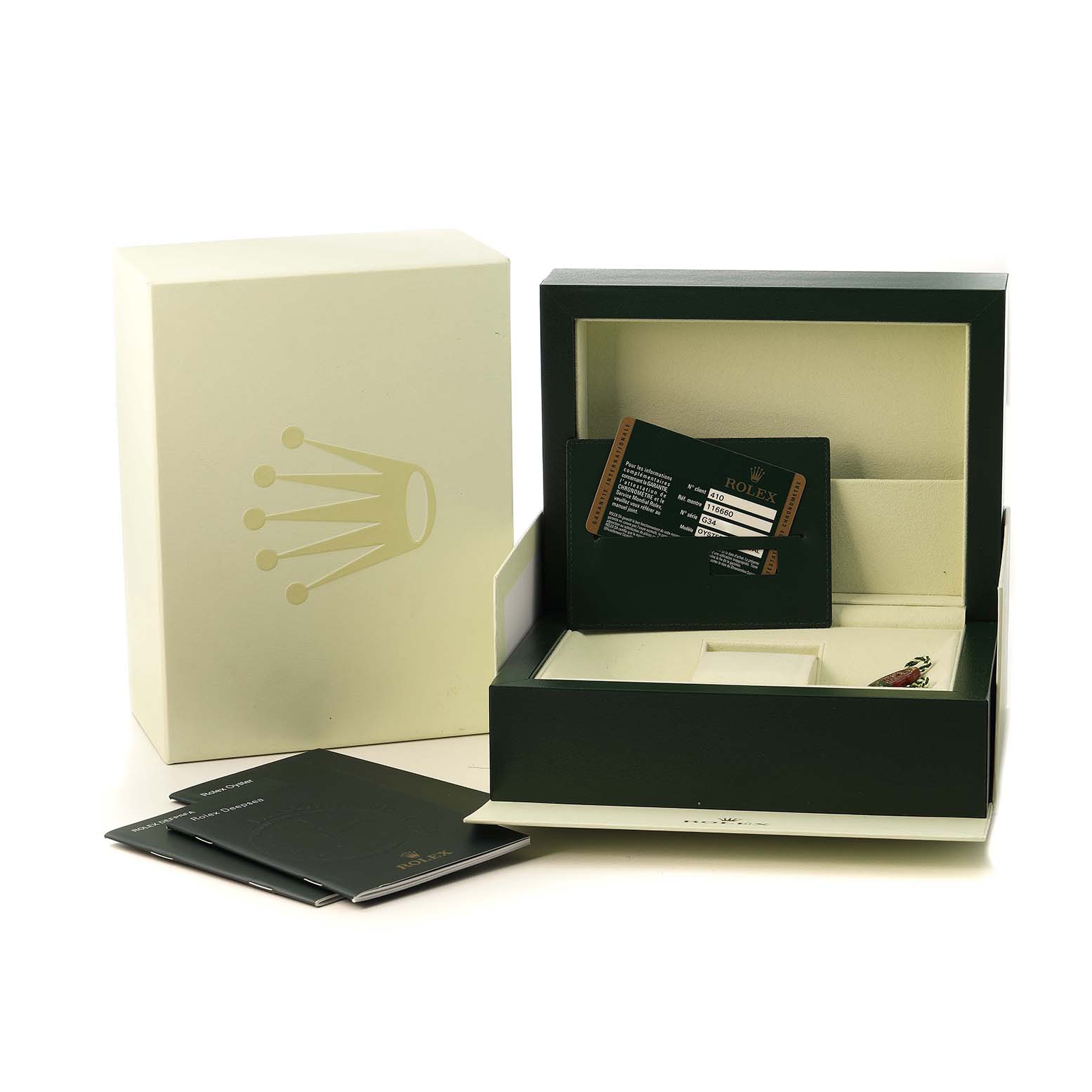 The image shows the packaging and accessories for a Rolex Sea-Dweller 116660 Men's Stainless Steel Black Dial, including the box, manuals, and certification cards.