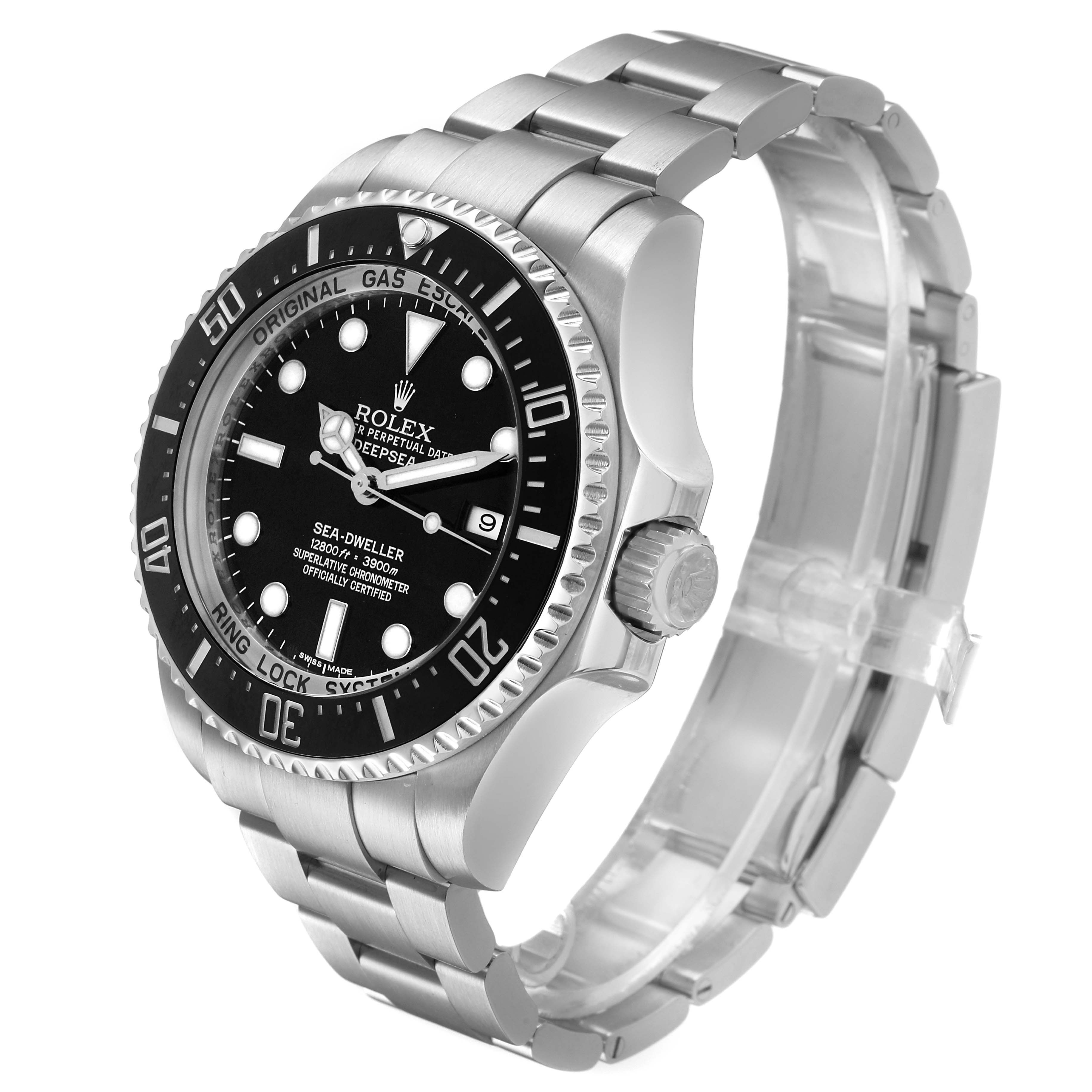 The Rolex Sea-Dweller 116660 Men's Stainless Steel Black Dial watch is shown at a three-quarter angle, highlighting the face, bezel, crown, and bracelet.
