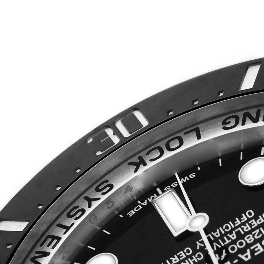 The image shows a close-up of the bezel and part of the dial of a Rolex Sea-Dweller 116660 Men's Stainless Steel Black Dial watch, focusing on the "30" marker and text.