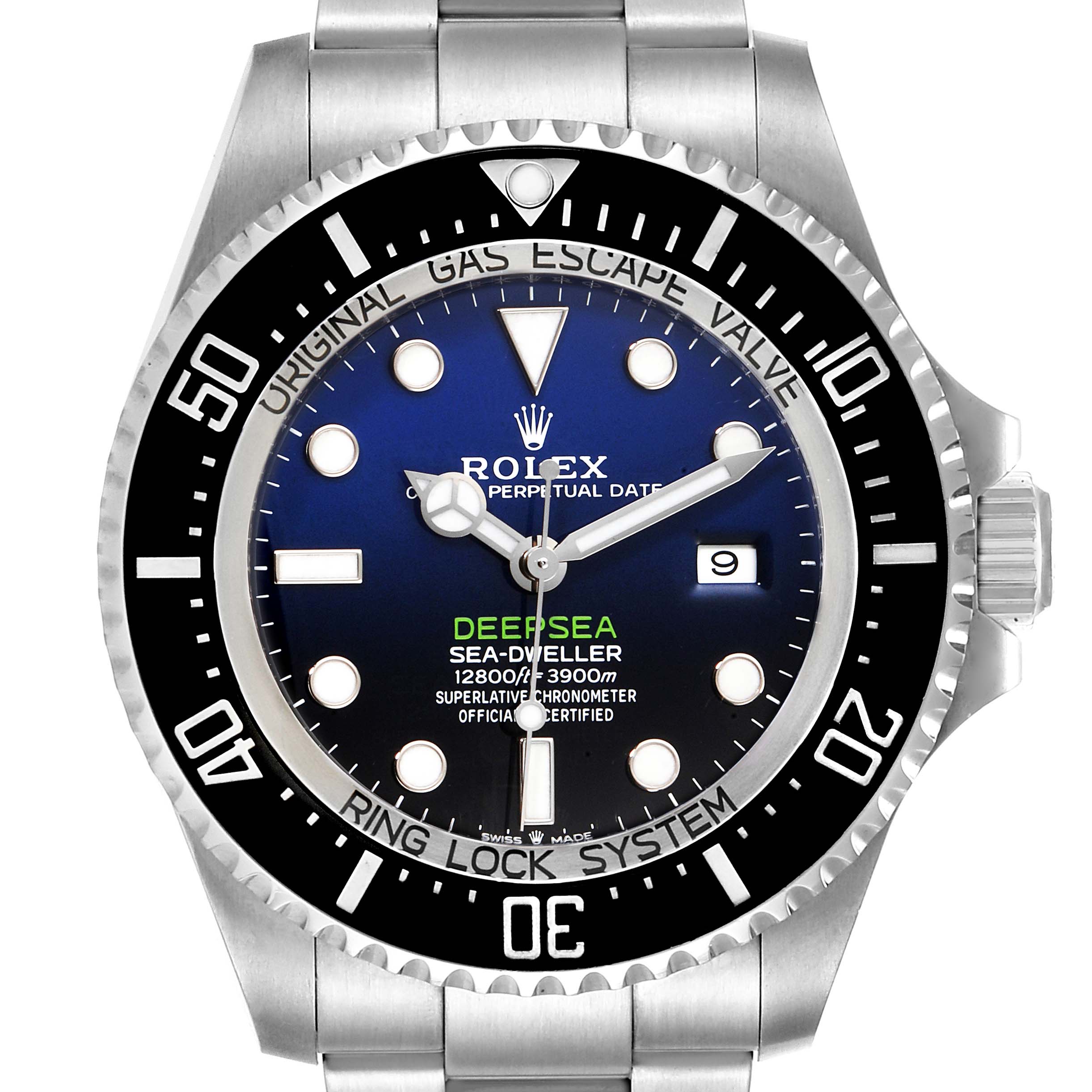 The Rolex Sea-Dweller 126660 Men's Stainless Steel Blue Dial 126660 Men's Stainless Steel Blue Dial watch is shown from the front, displaying the face, bezel, and part of the metal bracelet.