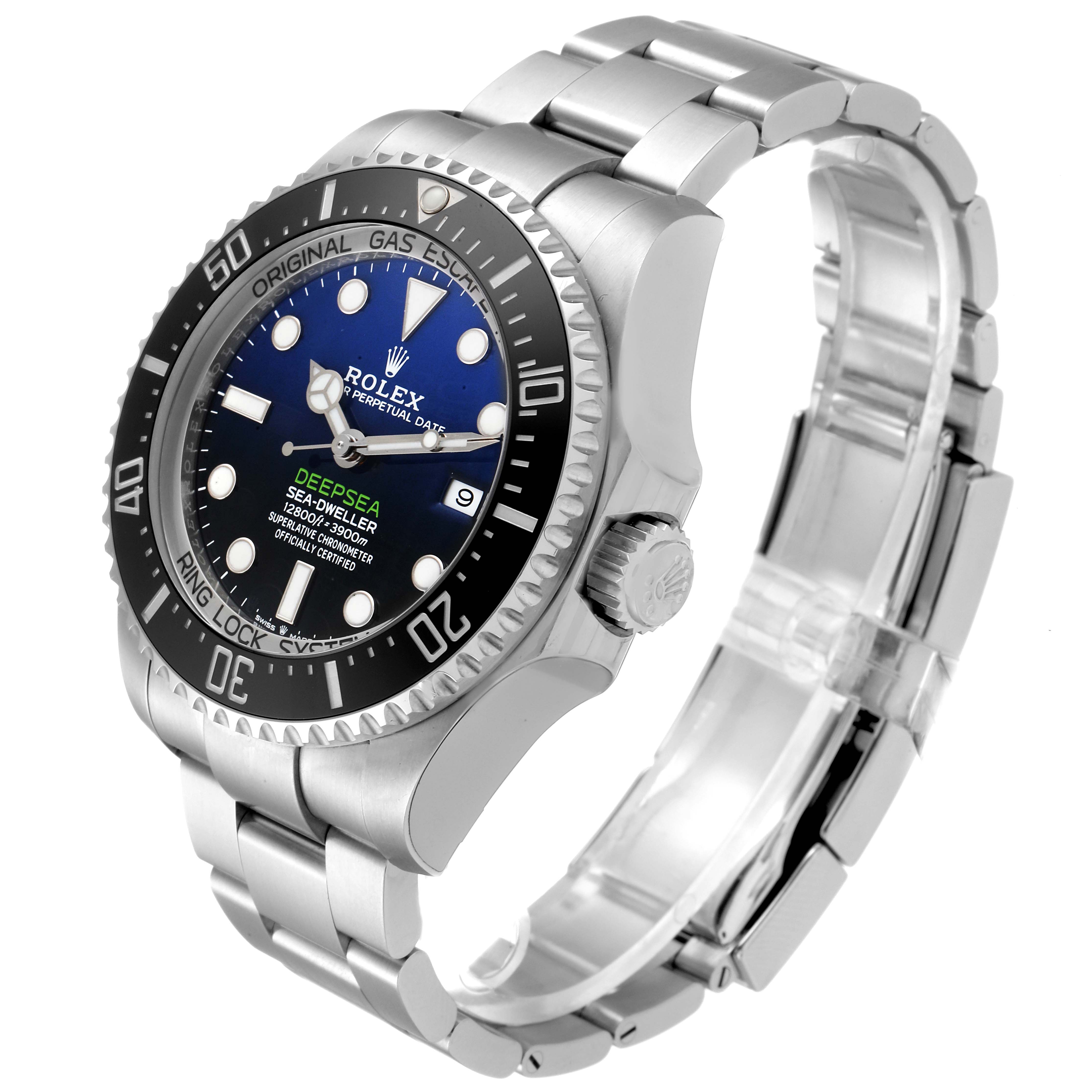 The image shows the Rolex Sea-Dweller 126660 Men's Stainless Steel Blue Dial 126660 Men's Stainless Steel Blue Dial watch at an angled view, highlighting the dial, bezel, bracelet, and crown.