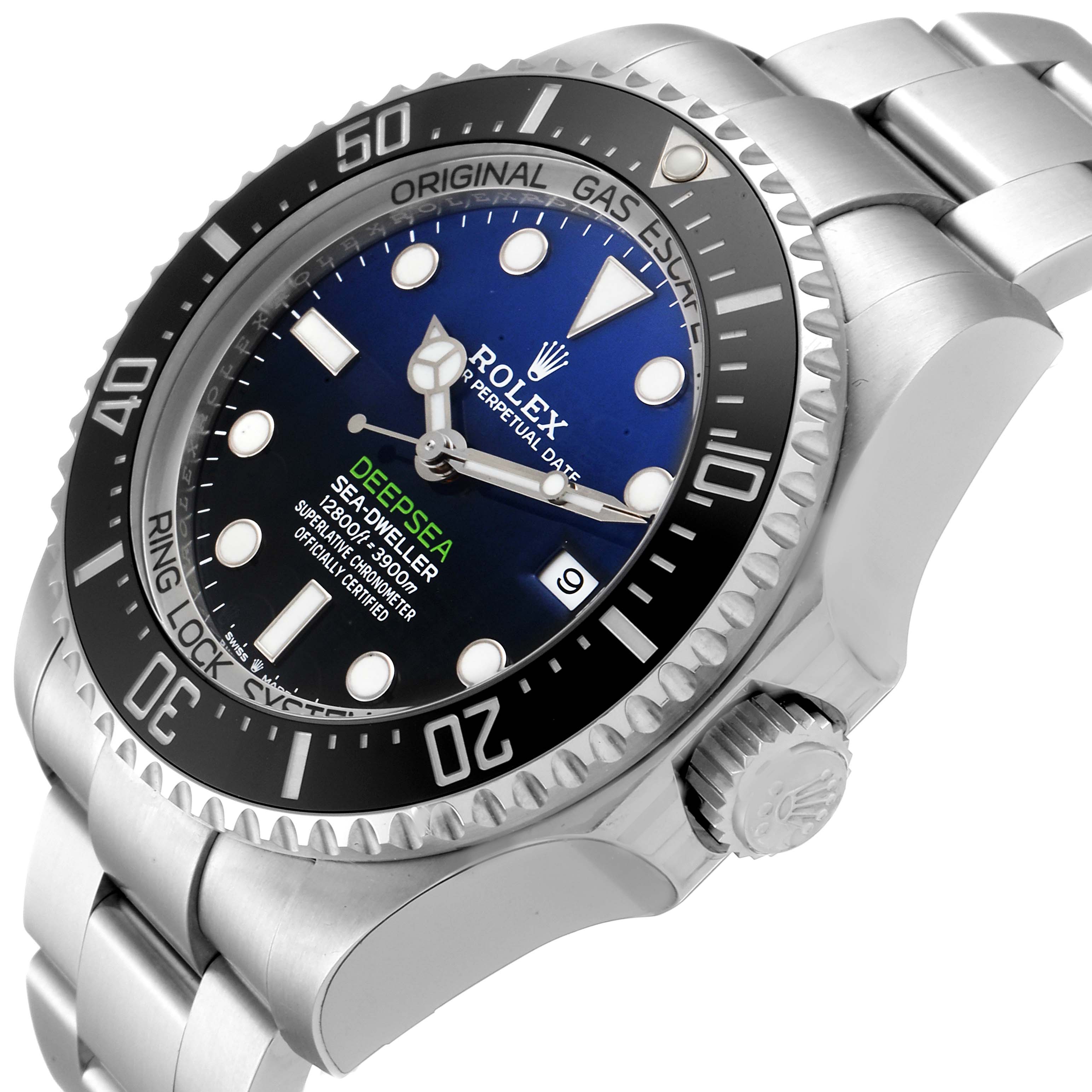 The image shows a close-up side angle of the Rolex Sea-Dweller 126660 Men's Stainless Steel Blue Dial 126660 Men's Stainless Steel Blue Dial, highlighting its dial, bezel, crown, and part of the bracelet.