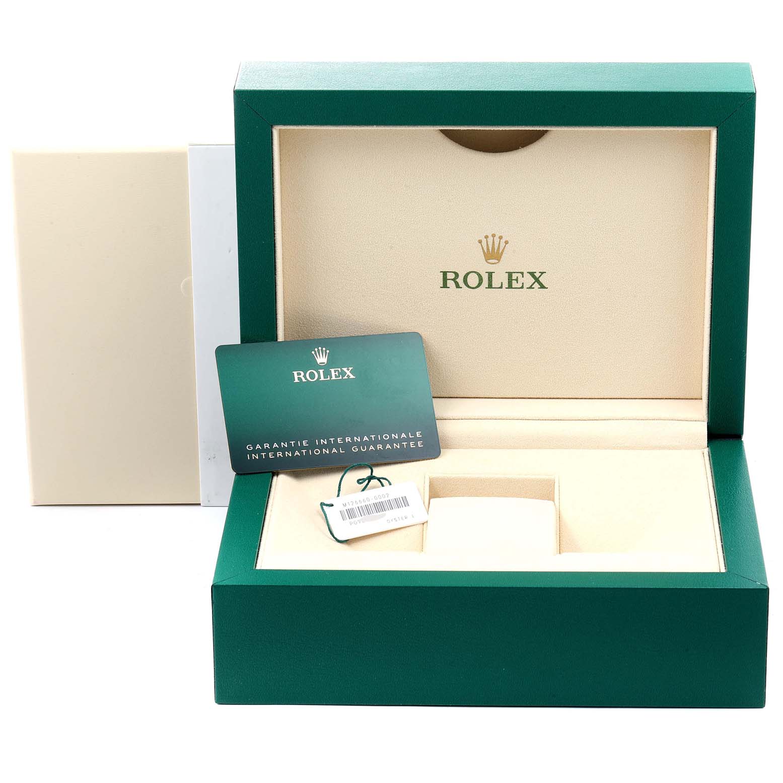A Rolex Sea-Dweller 126660 Men's Stainless Steel Blue Dial 126660 Men's Stainless Steel Blue Dial watch box, guarantee card, manual, and a tag are shown from the front.