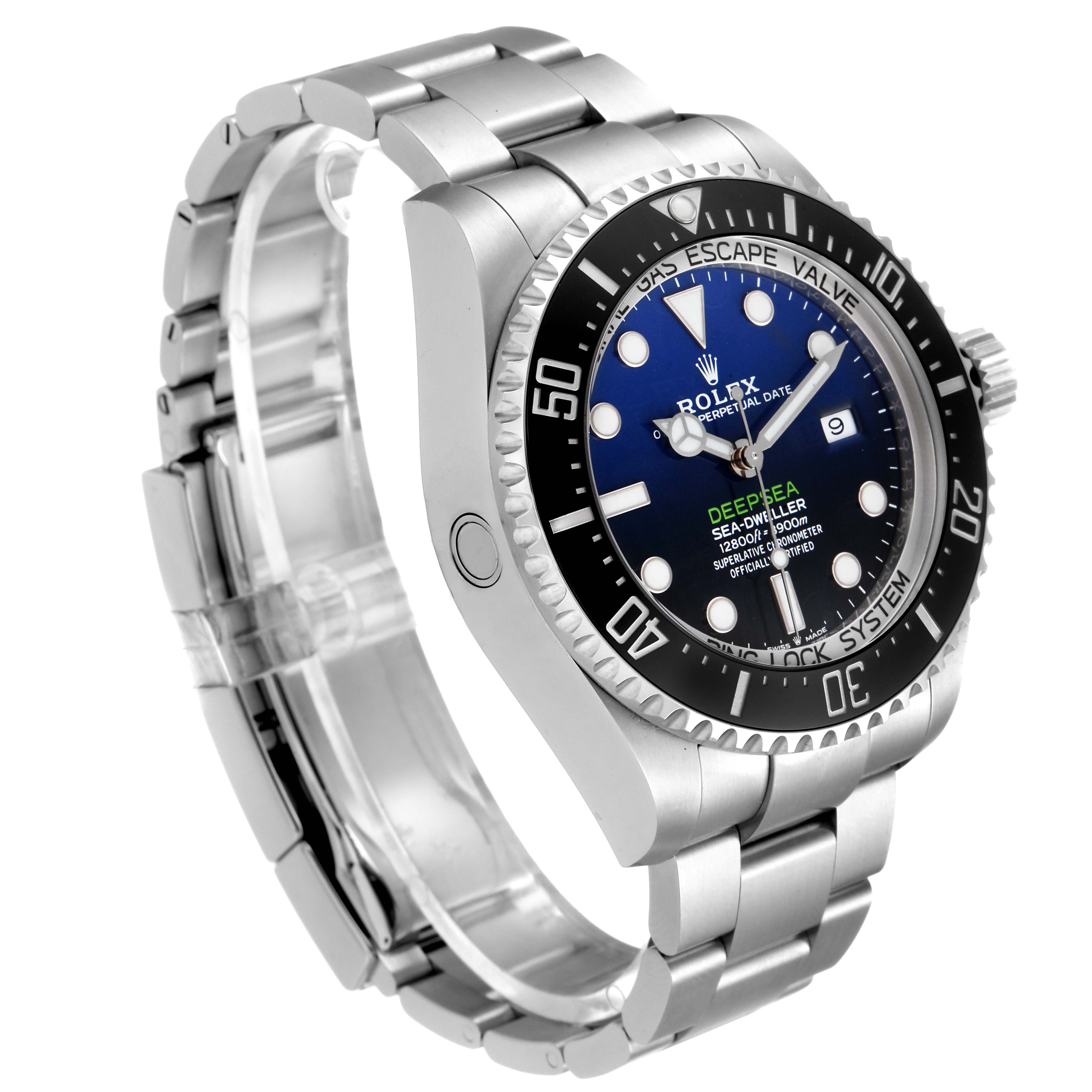 The image shows the Rolex Sea-Dweller 126660 Men's Stainless Steel Blue Dial 126660 Men's Stainless Steel Blue Dial watch at a slight side angle, highlighting its face, bezel, and part of its bracelet.