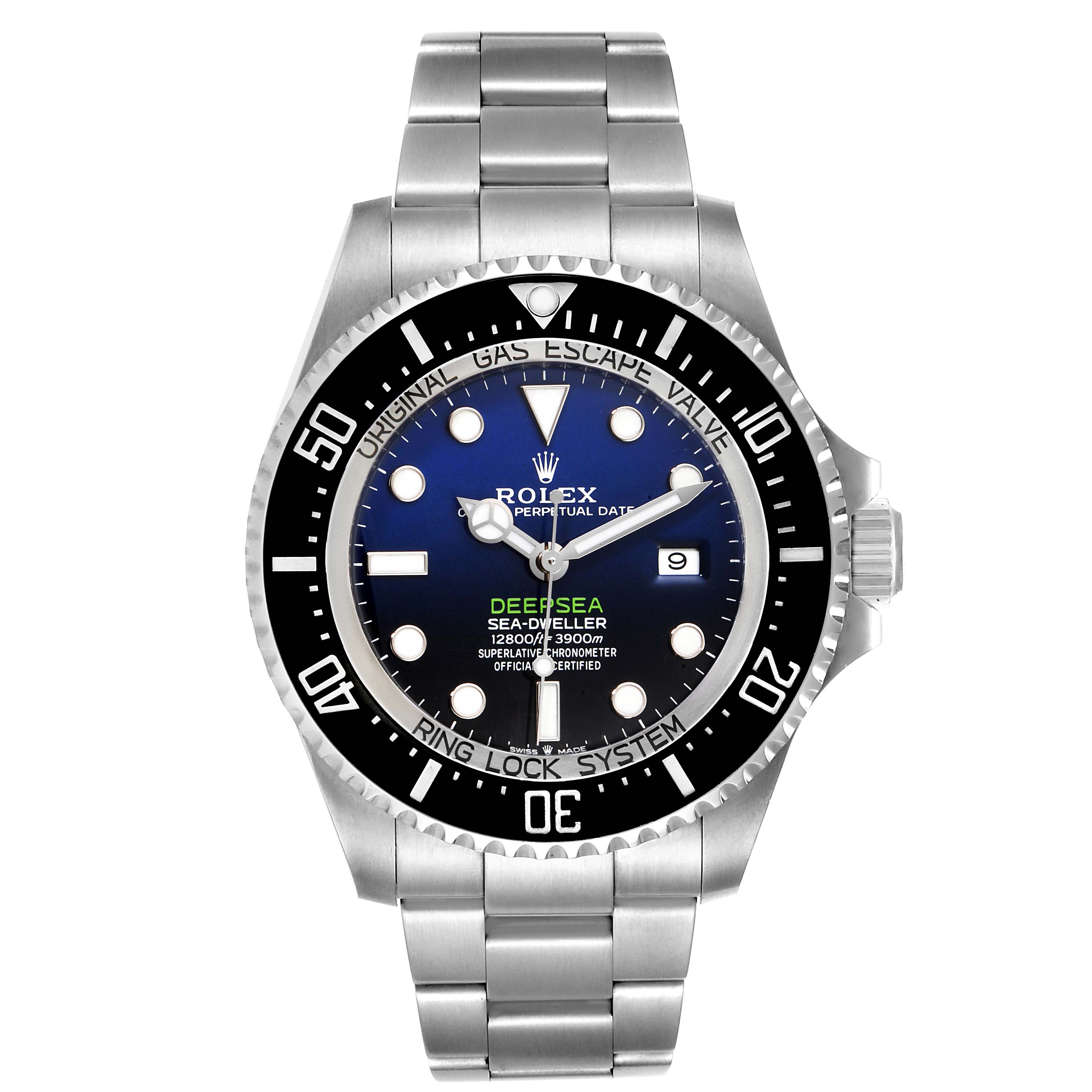 The image shows a front view of a Rolex Sea-Dweller 126660 Men's Stainless Steel Blue Dial 126660 Men's Stainless Steel Blue Dial watch, highlighting its dial, bezel, and stainless steel bracelet.