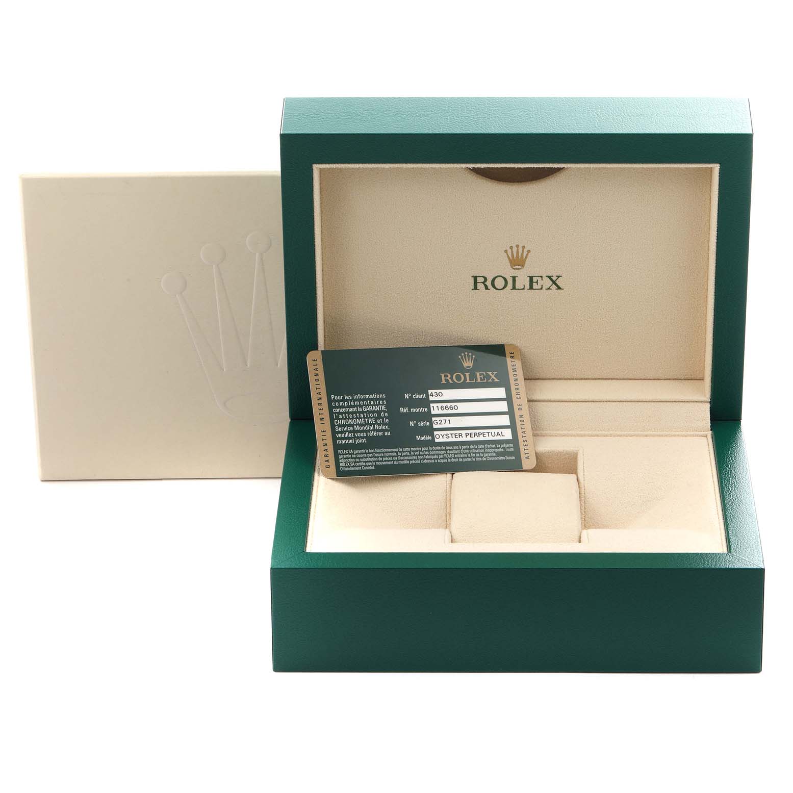 The image shows a Rolex Sea-Dweller 116660 Men's Stainless Steel Black Dial 116660 Men's Stainless Steel Black Dial watch box, including the inner and outer boxes and warranty card.