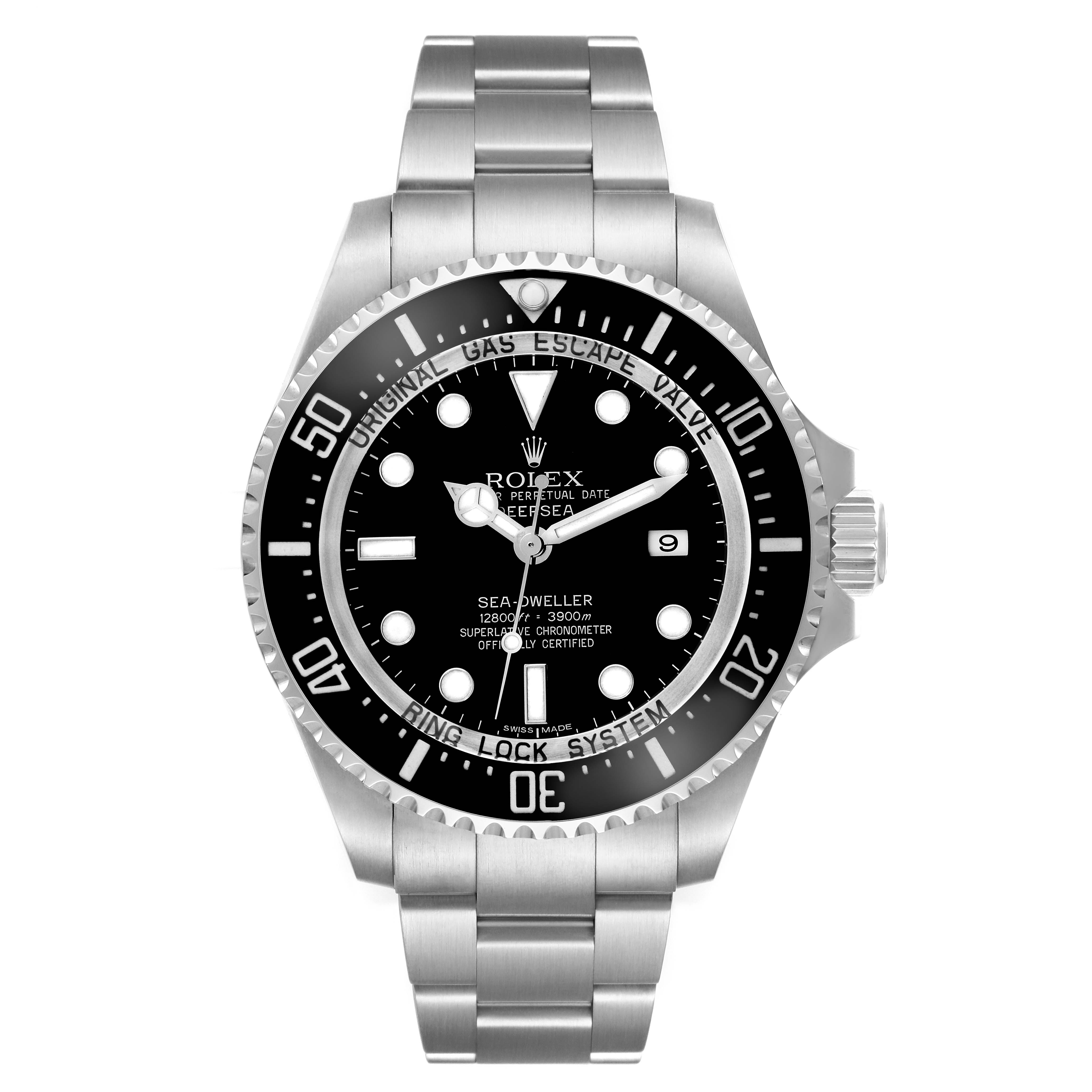 The Rolex Sea-Dweller 116660 Men's Stainless Steel Black Dial 116660 Men's Stainless Steel Black Dial watch is shown from a front view, highlighting its dial, bezel, and bracelet.