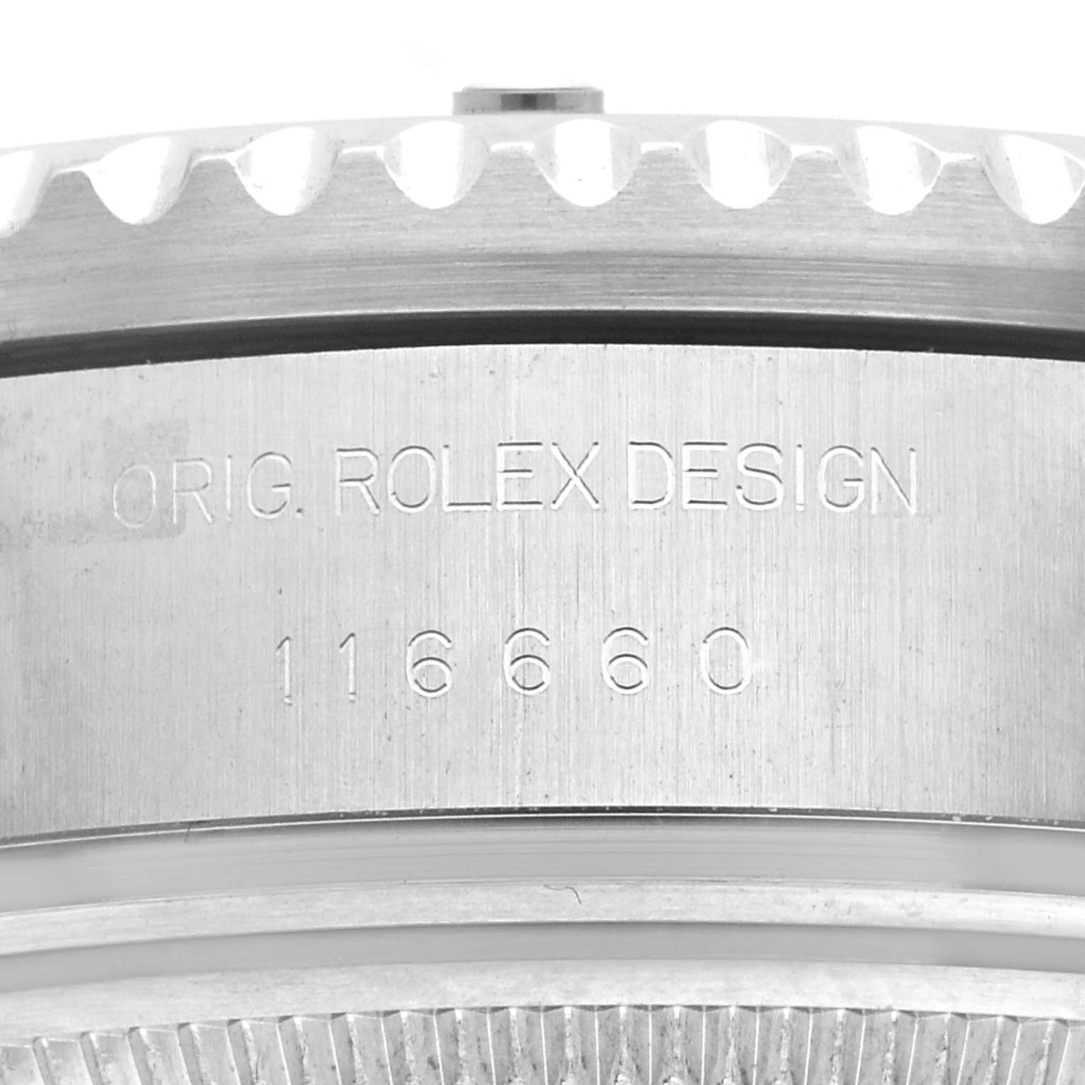 The image shows a close-up of the side of a Rolex Sea-Dweller 116660 Men's Stainless Steel Black Dial 116660 Men's Stainless Steel Black Dial watch, displaying the model number and brand engraving.