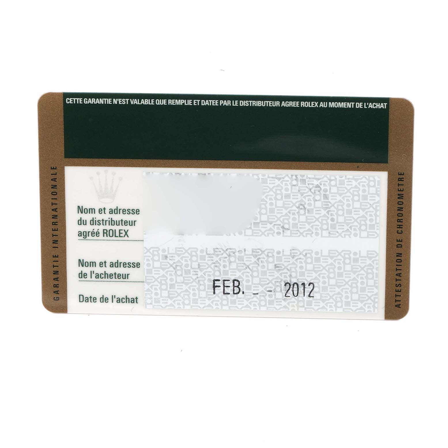 This image shows a guarantee card for a Rolex Sea-Dweller 116660 Men's Stainless Steel Black Dial 116660 Men's Stainless Steel Black Dial, displaying purchase details and authenticity verification.