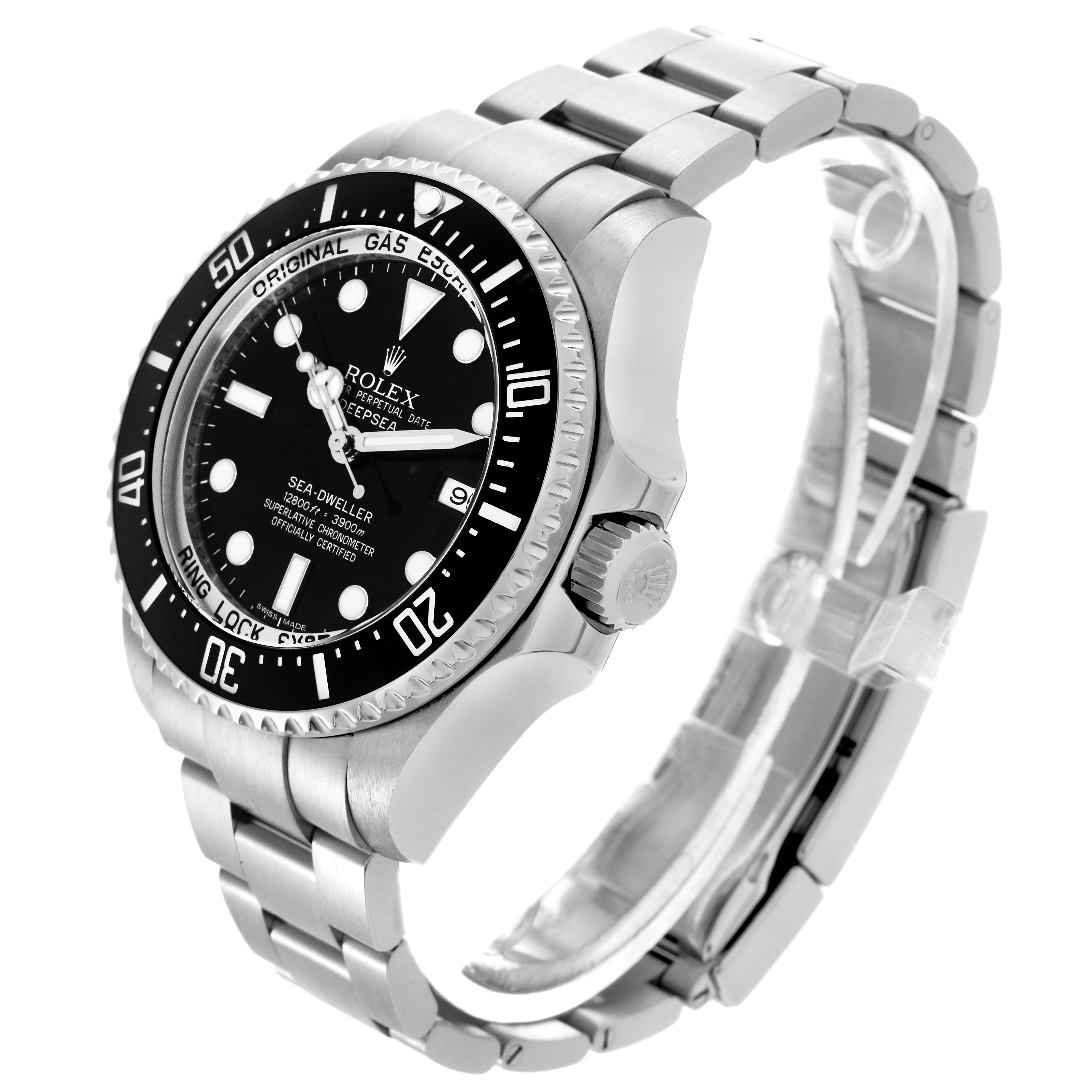 The Rolex Sea-Dweller 116660 Men's Stainless Steel Black Dial 116660 Men's Stainless Steel Black Dial watch is shown at a three-quarter angle highlighting the dial, bezel, crown, and part of the bracelet.