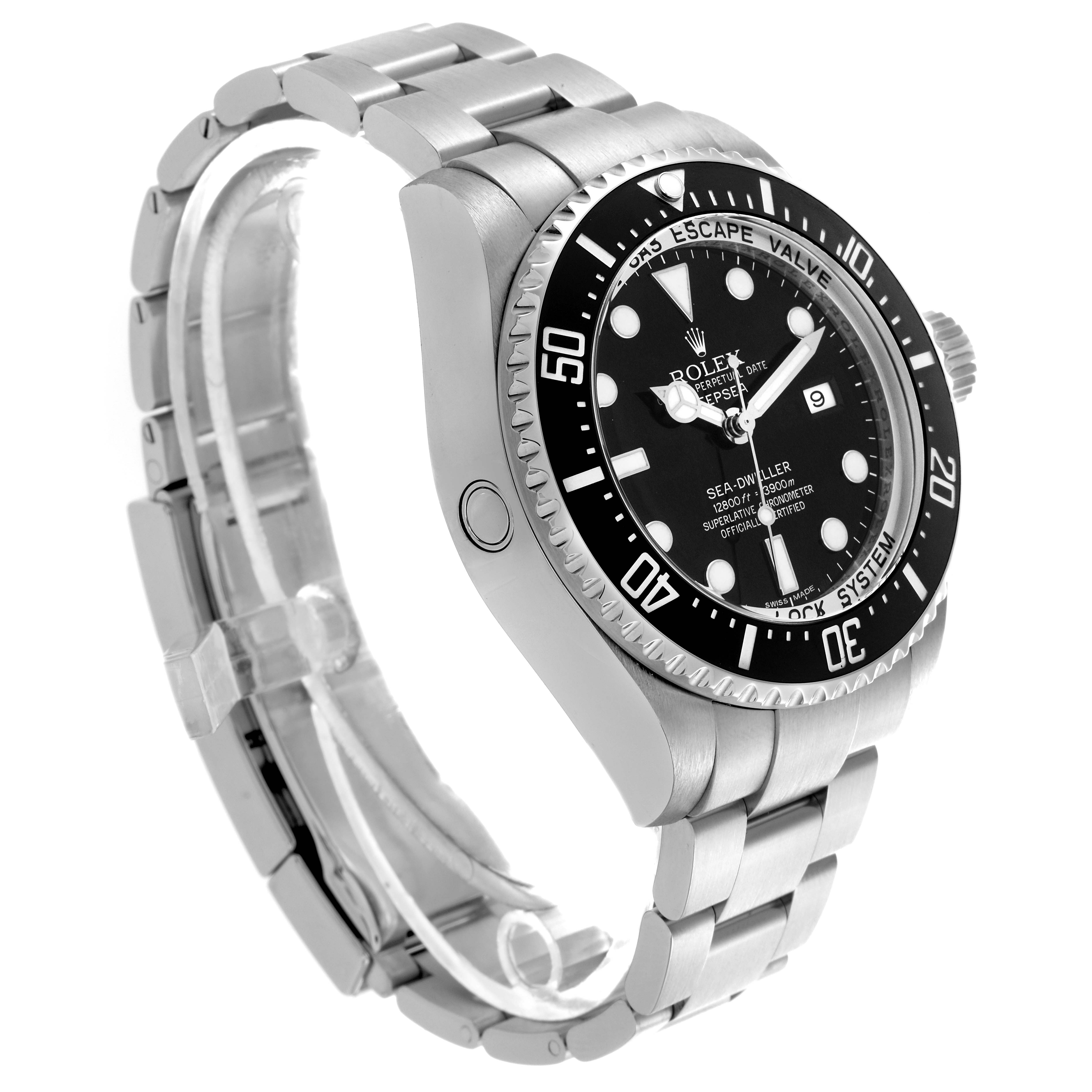 The Rolex Sea-Dweller 116660 Men's Stainless Steel Black Dial 116660 Men's Stainless Steel Black Dial watch is shown at a three-quarter angle, highlighting the bezel, dial, crown, and bracelet.