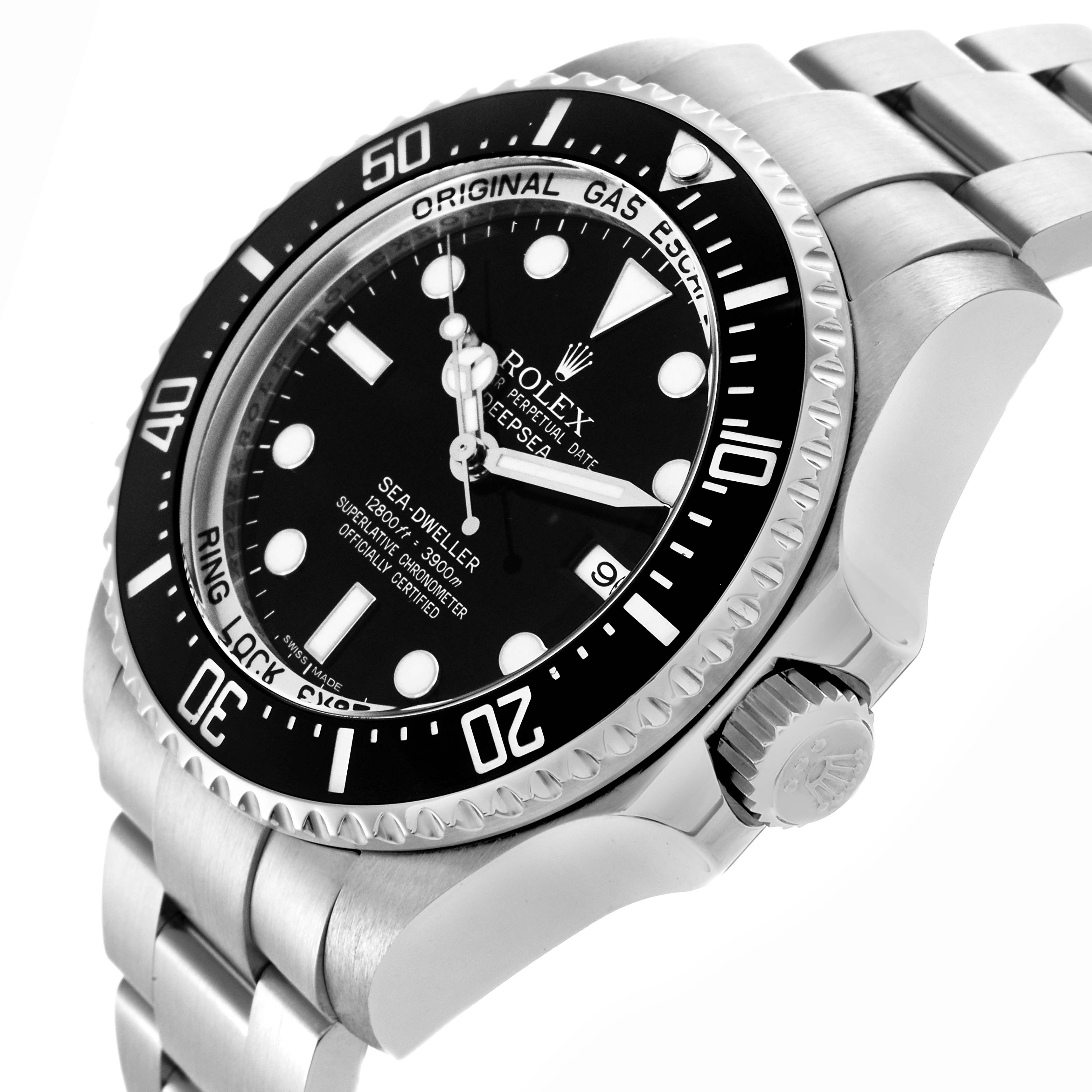 The Rolex Sea-Dweller 116660 Men's Stainless Steel Black Dial 116660 Men's Stainless Steel Black Dial is shown at a slight angle highlighting the bezel, dial, and stainless steel bracelet.