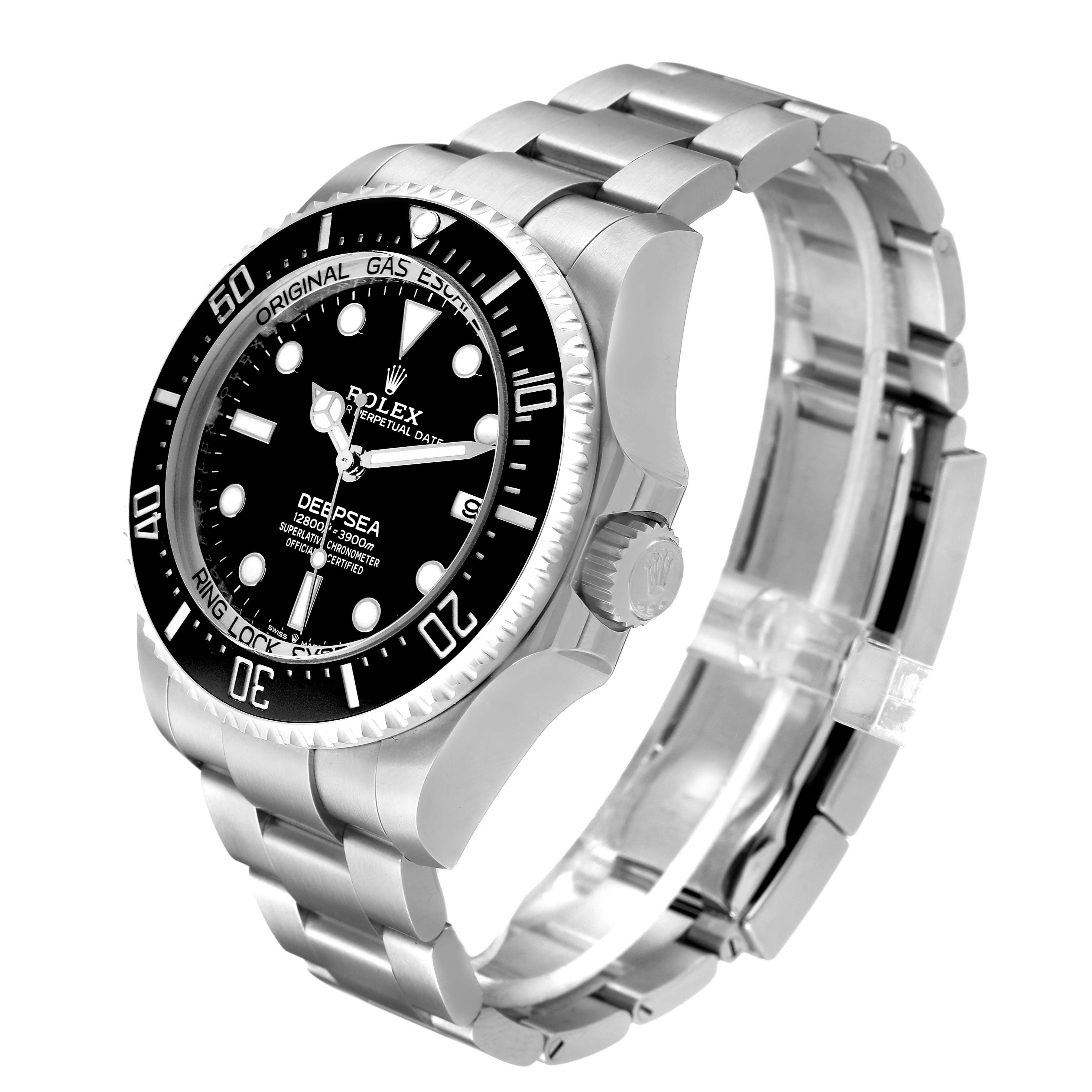 The Rolex Sea-Dweller 136660 Men's Stainless Steel Black Dial watch is shown at an angled side view, displaying the bezel, crown, and bracelet.