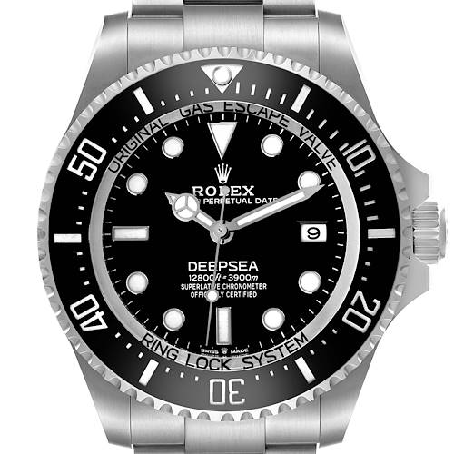 The Rolex Sea-Dweller 136660 Men's Stainless Steel Black Dial watch is shown from a front angle, displaying the dial, bezel, and part of the bracelet.