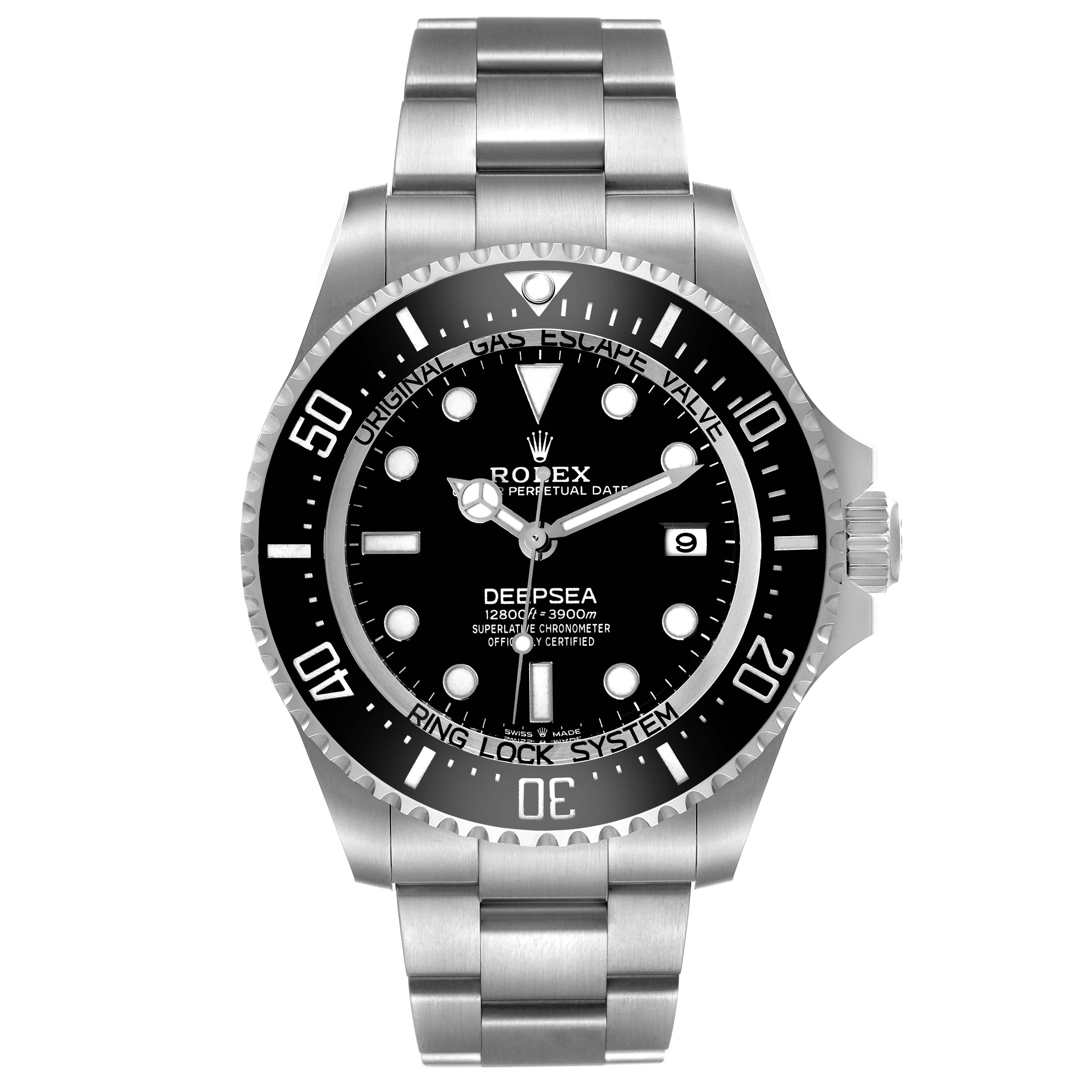 The Rolex Sea-Dweller 136660 Men's Stainless Steel Black Dial watch is shown from a front angle, highlighting the dial, bezel, case, and bracelet.
